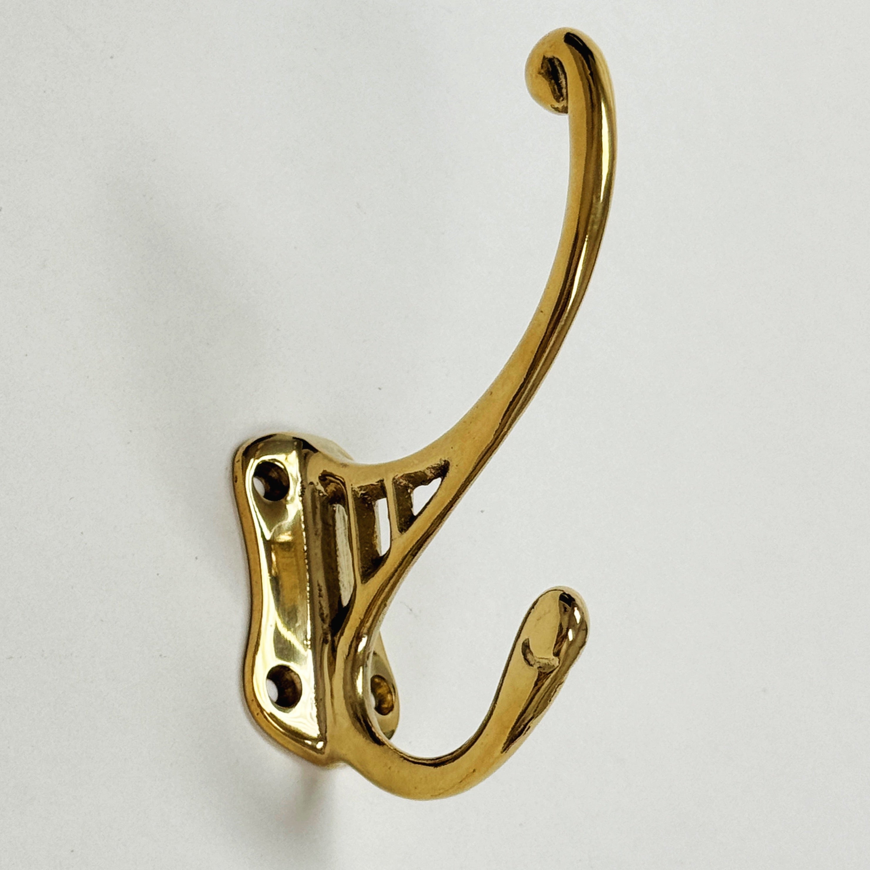 Vintage Style Polished Unlacquered Brass Double Wall Hook - Heavy Duty Coat Hanger for Entryway, Bathroom & Bedroom Organization