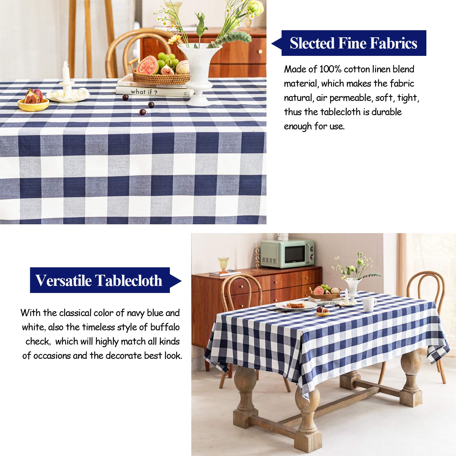 Premium Cotton Linen Round Checkered Tablecloth - Stain Resistant, Wrinkle Free & Anti-Fading - 55