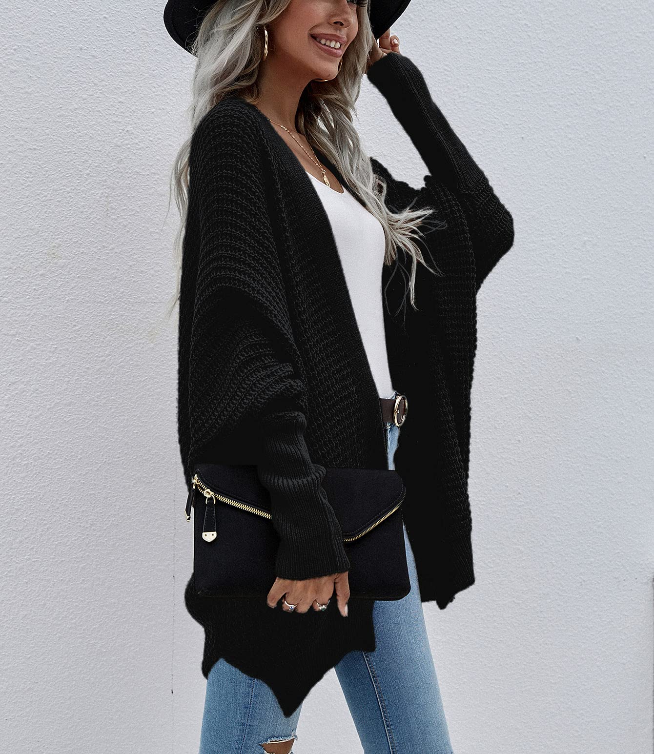 Women's Waffle Knit Cardigan - Ribbed Cuffs & Open Front Batwing Sweater - Long Sleeve Loose Fit Chunky Coat for Casual Wear | Perfect for Fall Layering, Coffee Dates & Cozy Home Outfits