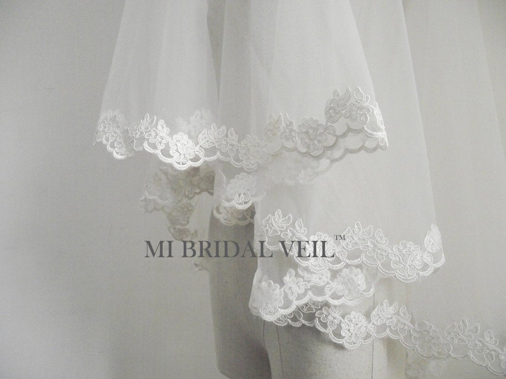 Elegant Lace Wedding Veil with Mantilla Rose Design - Fingertip Length Bridal Veil with Blusher for Romantic Weddings | Perfect for Church Ceremonies, Outdoor Weddings & Bridal Photography