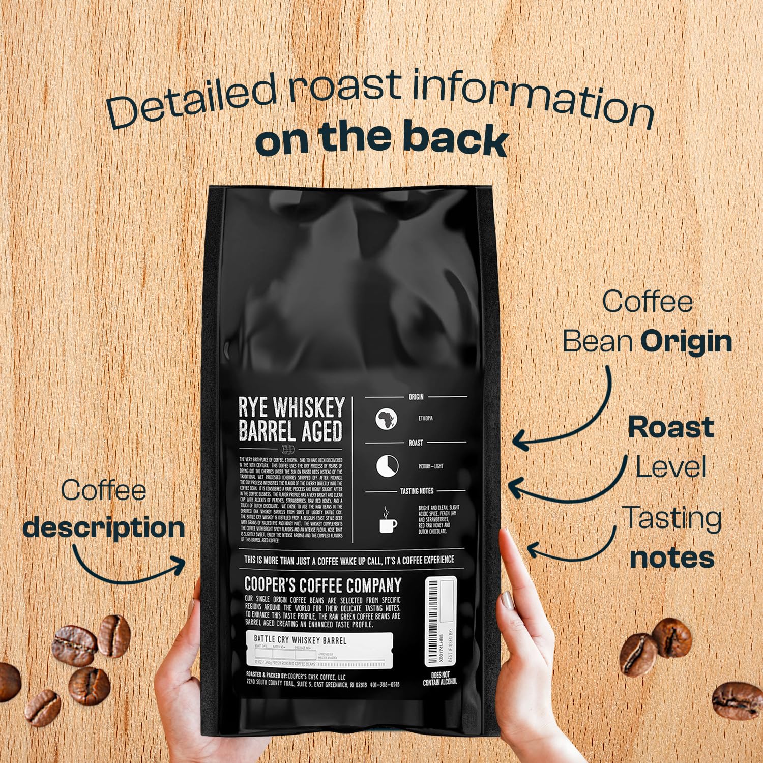 Rye Whiskey Barrel Aged Coffee Beans - Single Origin Ethiopian, Freshly Roasted Whole Beans Aged in Rye Whiskey Casks, 5lb Bag by Battle Cry Whiskey | Perfect for Coffee Enthusiasts, Gourmet Gifts & Whiskey Lovers