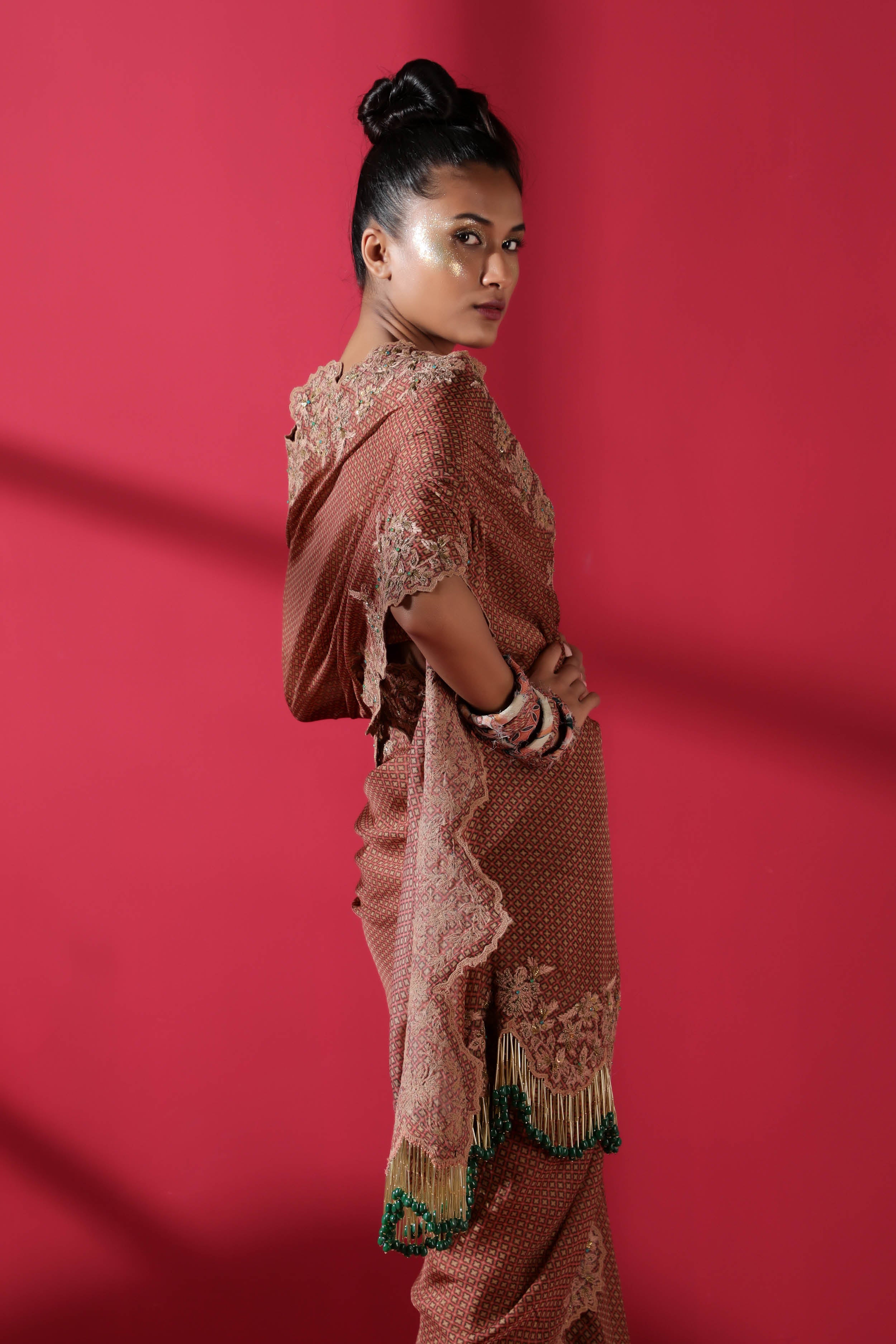 Elegant Terracotta Tile Print Two Piece Prepleated Saree with Organic Cotton Satin Blouse for Women - Perfect for Weddings, Parties & Festive Occasions