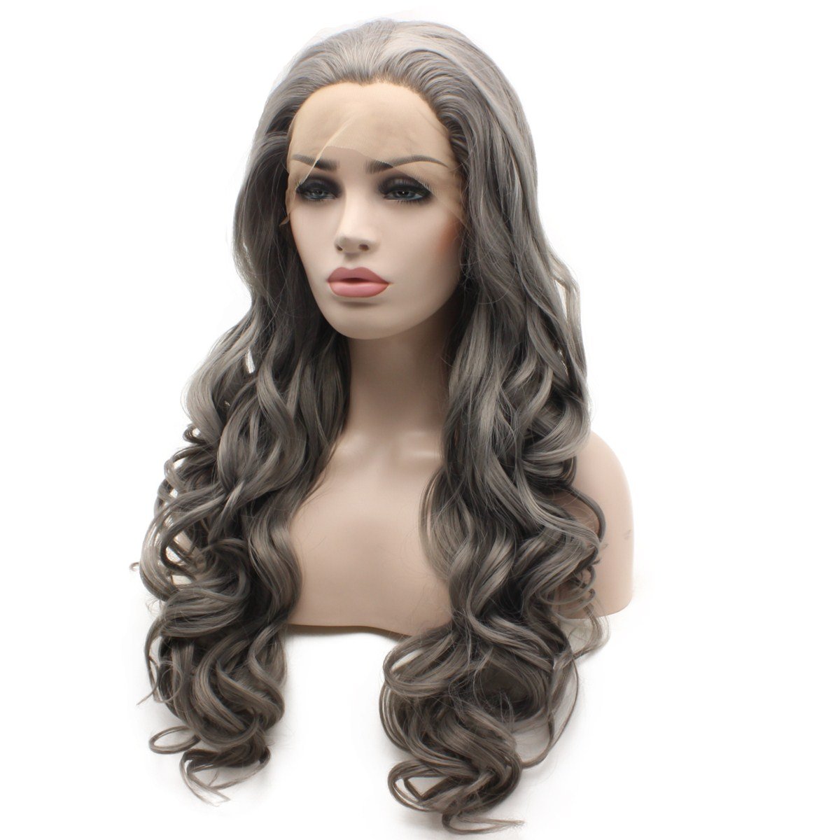 Iwonawig Long Wavy Half Hand-Tied Heat Friendly Synthetic Lace Front Gray Wig - Perfect for Cosplay, Daily Wear & Special Occasions