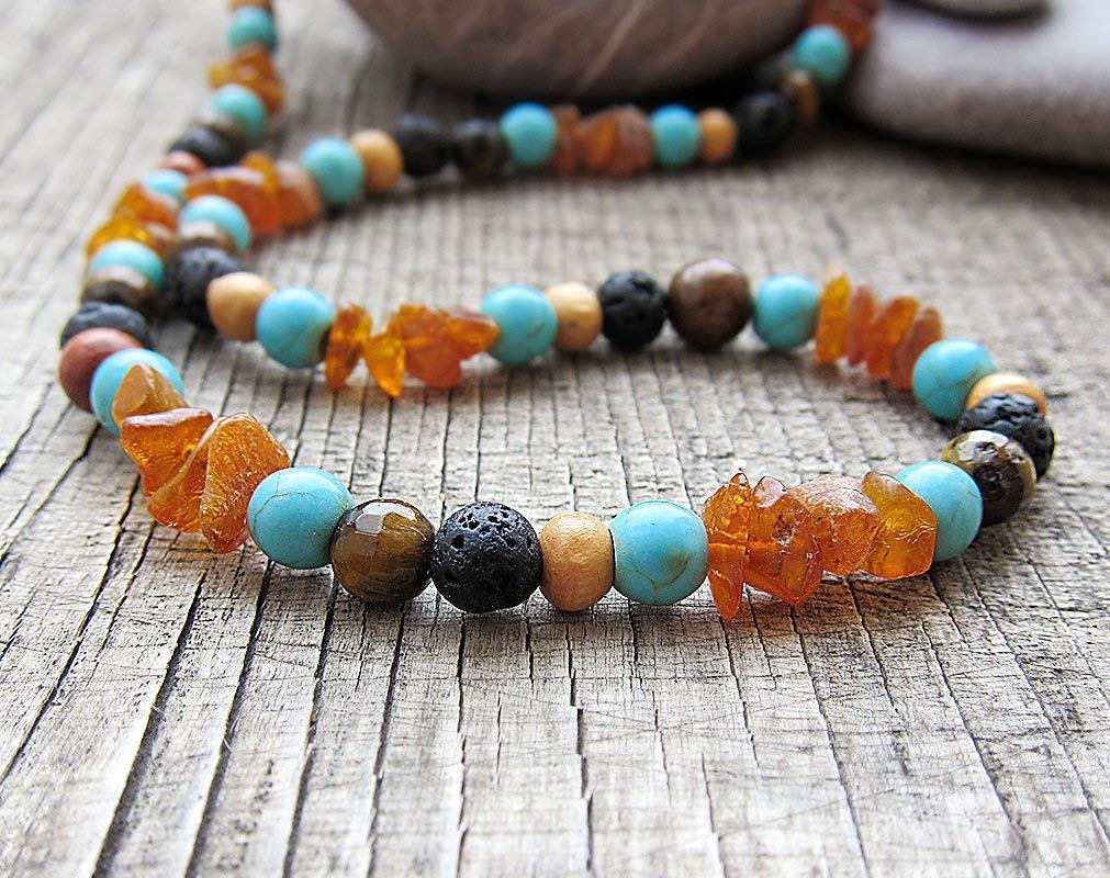 Surfer Choker Necklace for Men - 8mm Natural Baltic Amber Beaded Tribal Jewelry with Wood Accents | Perfect for Beach Parties, Music Festivals & Boho Style Outfits