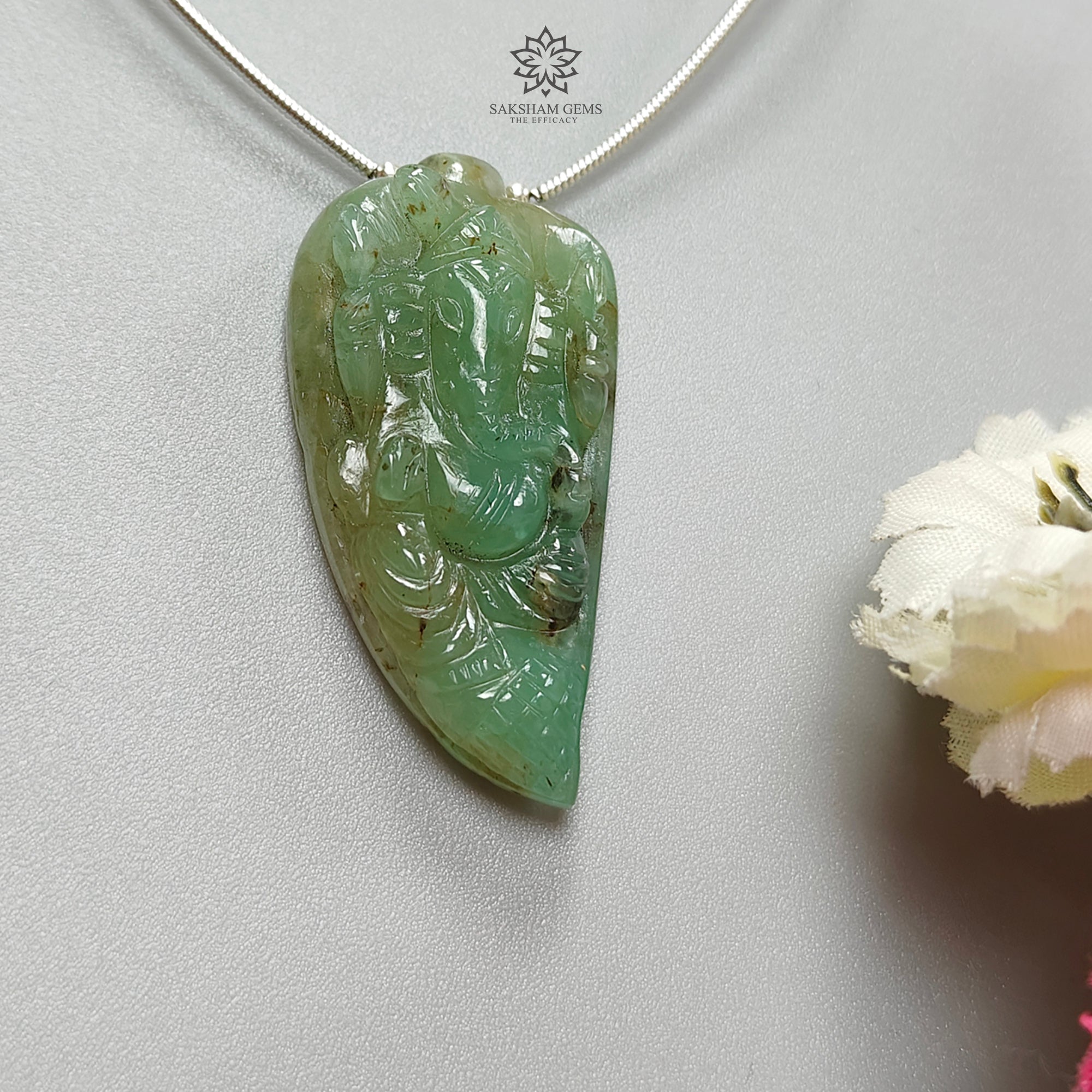 Natural Untreated Green Emerald Loose Beads - 39.50cts May Birthstone, Lord Ganesha Carved Gemstone (38x20mm) for Jewelry Making, Meditation & Spiritual Healing