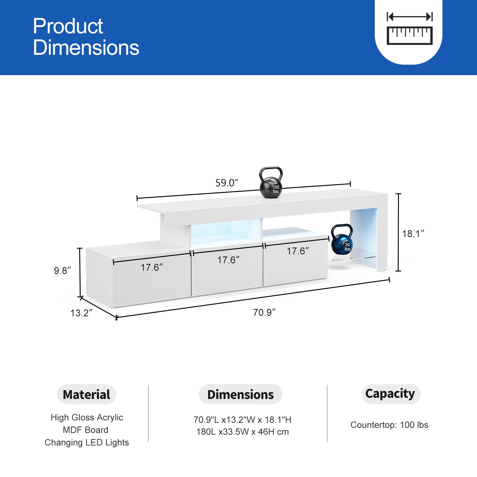 IKIFLY 75 Inch LED TV Stand with 3 Cabinets - High Glossy Modern Entertainment Center & Media Console for Living Room - White - Perfect for Home Theater & Living Room Organization