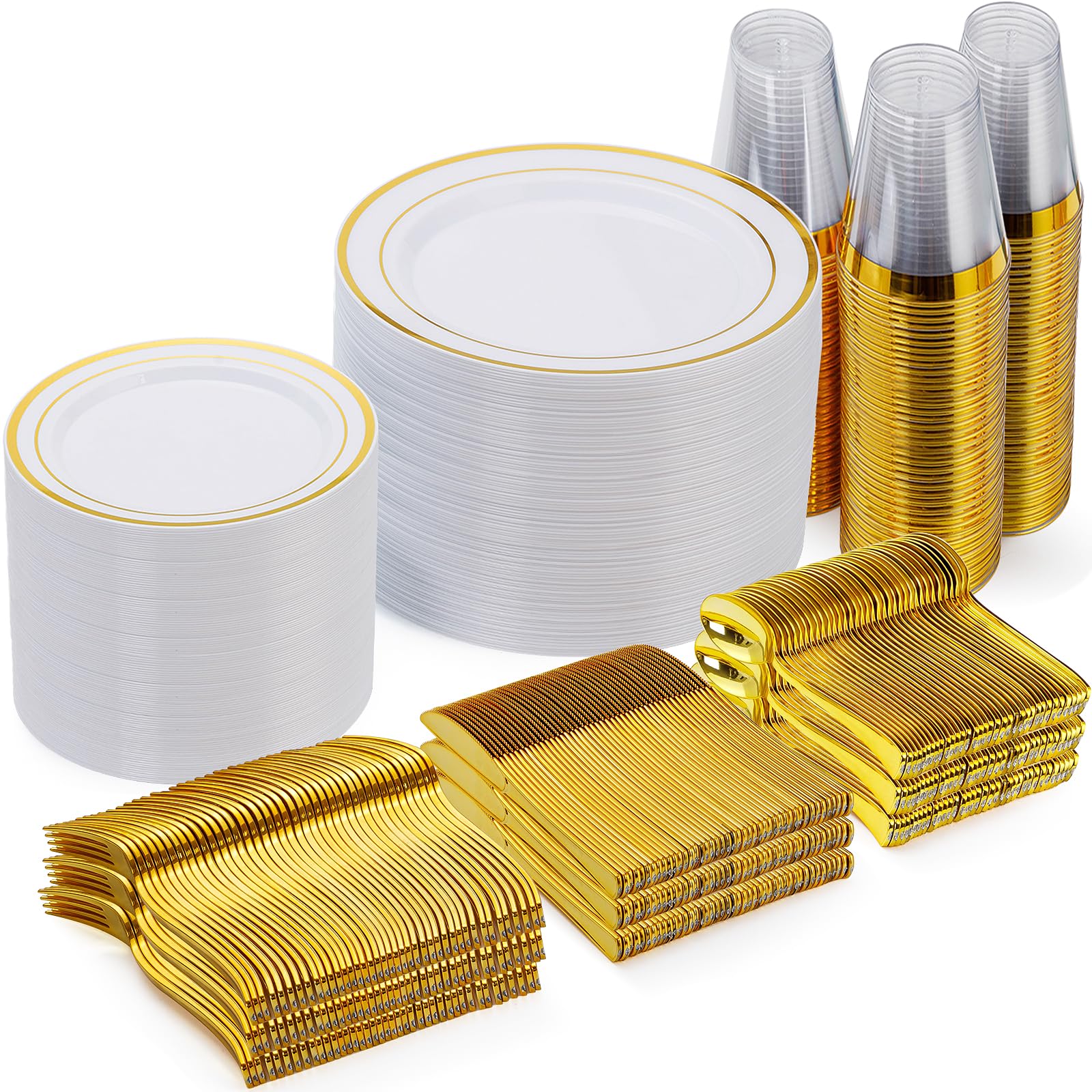 600-Piece Gold Disposable Plastic Party Dinnerware Set - Includes 100 Dinner Plates, 100 Salad Plates, 100 Spoons, 100 Forks, 100 Knives & 100 Cups - Elegant Tableware for Weddings, Banquets, Catering & Large Gatherings