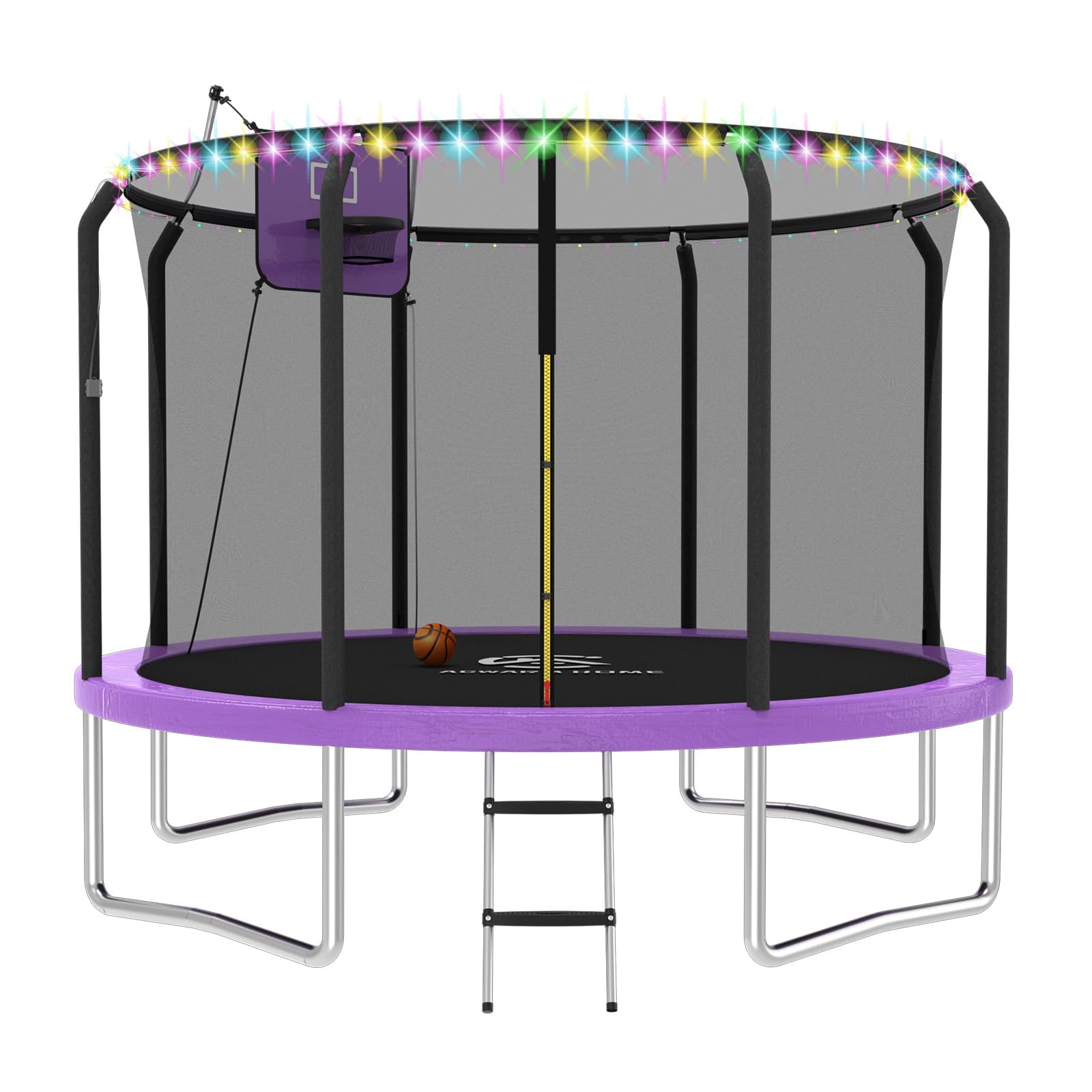 8FT 10FT 12FT 14FT Outdoor Trampoline with Basketball Hoop, LED Lights & Safety Net - ASTM Approved Bounce Trampoline for Kids & Adults - Perfect for Backyard Fun, Exercise & Family Recreation