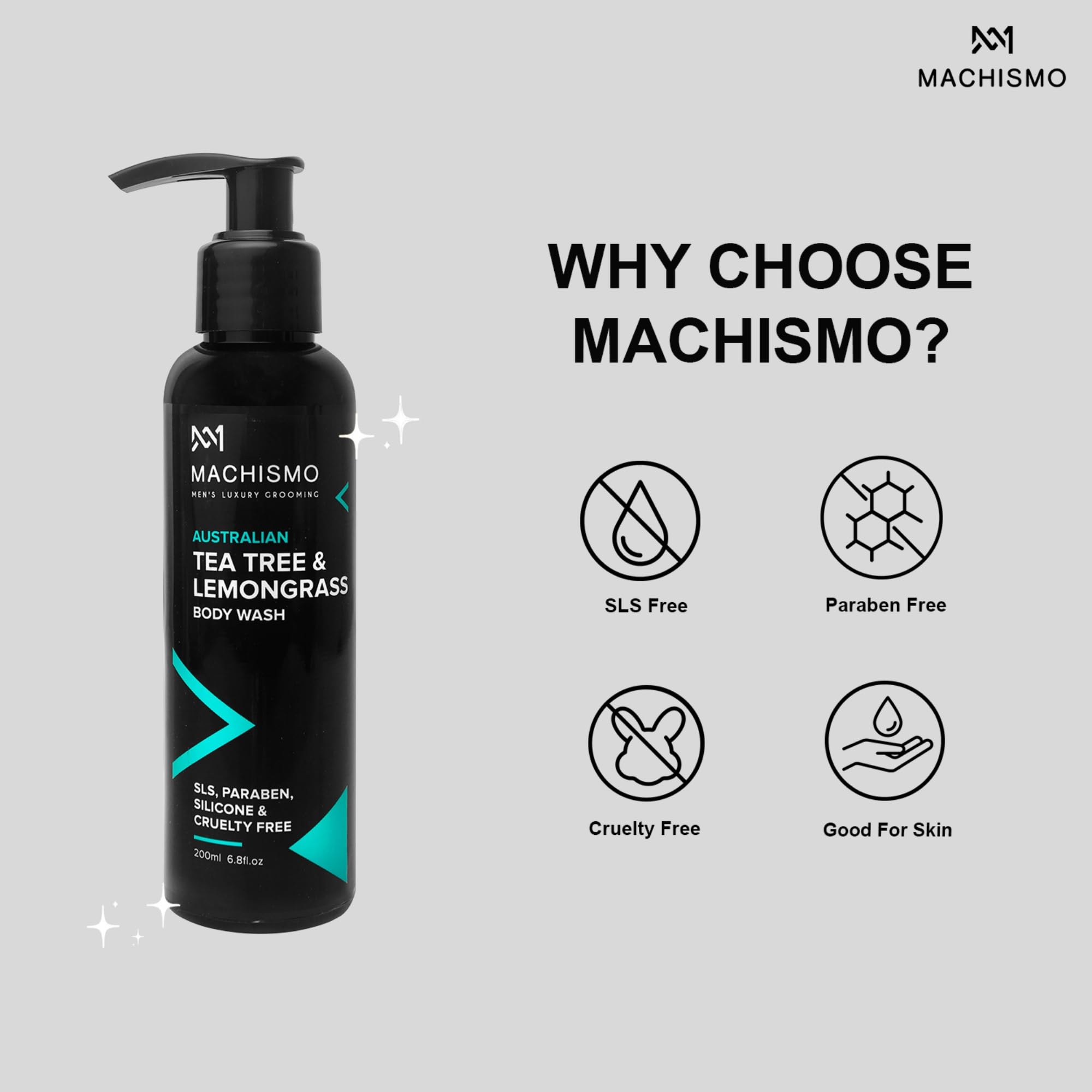 MACHISMO Men's Body Wash with Organic Tea Tree & Lemongrass - Deep Cleansing, Odor Control & Exfoliating Gel for Smooth Skin | Ideal for Gym, Post-Workout & Daily Shower Routine