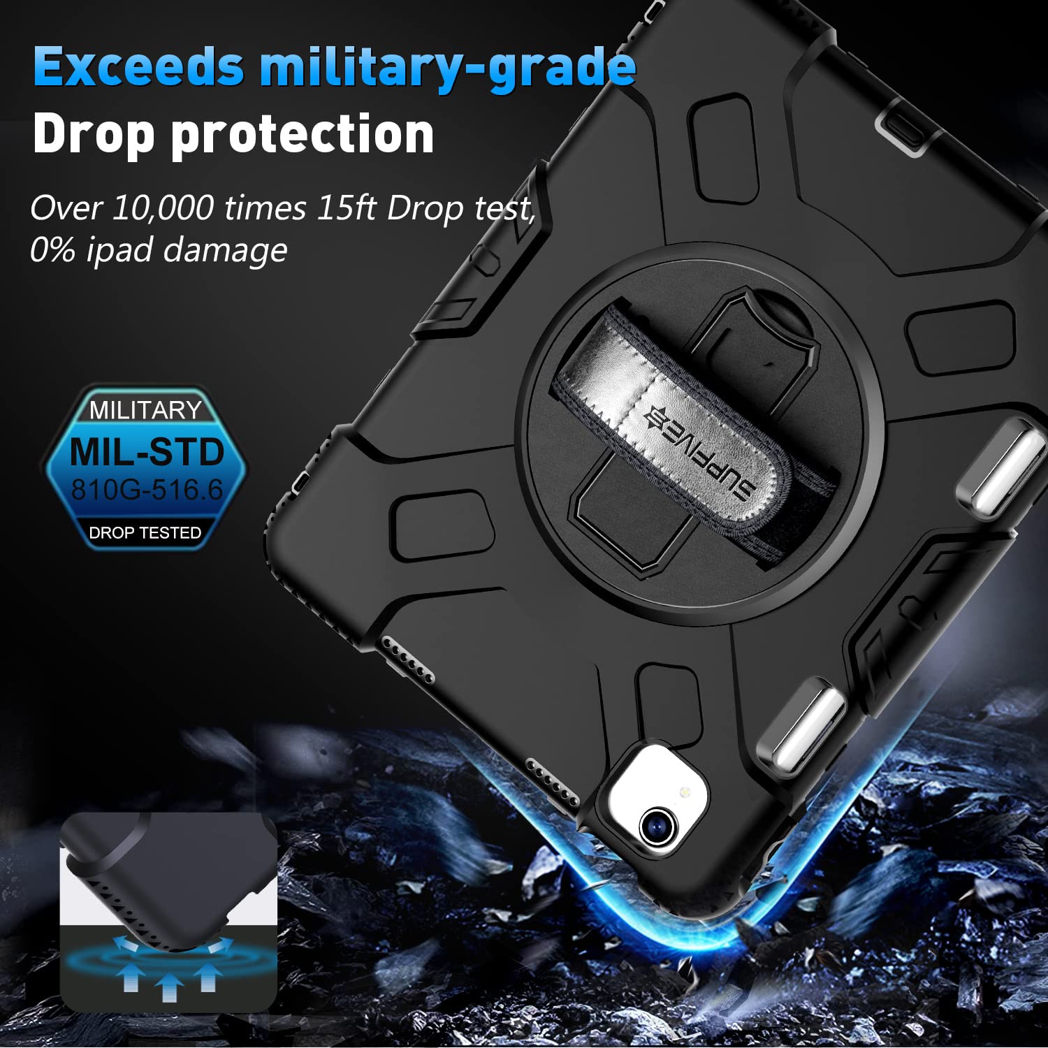SUPFIVES Military Grade Protective Case for iPad Air 5th Generation 10.9 Inch (2022) & iPad Air 4th Gen/iPad Pro 11 - Shockproof Silicone Cover with Pencil Holder, Rotating Stand, Handle & Shoulder Strap (Black) - Perfect for Travel, Work & School Use