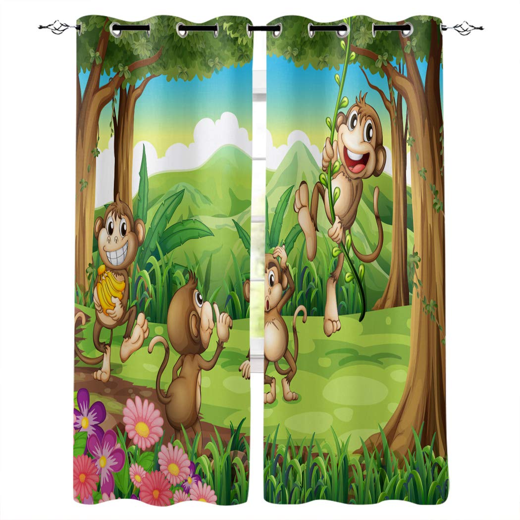 Vandarllin Cartoon Monkeys Blackout Curtains Set of 2 - 52x90 Inch Insulated Window Panels for Living Room, Bedroom, Kitchen & Nursery - Cute Animal Print Room Darkening Drapes for Kids & Adults - Perfect for Daytime Naps, Movie Nights & Privacy