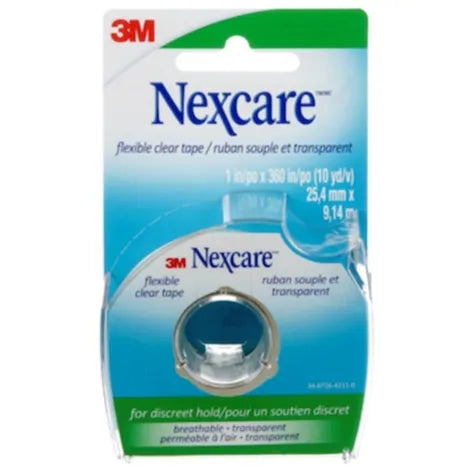 NEXCARE Flexible Clear First Aid Tape with Dispenser - 1 Inch x 10 Yards (25.4mm x 9.14m) - Waterproof Medical Tape for Wound Care, Sports Injuries & Everyday First Aid
