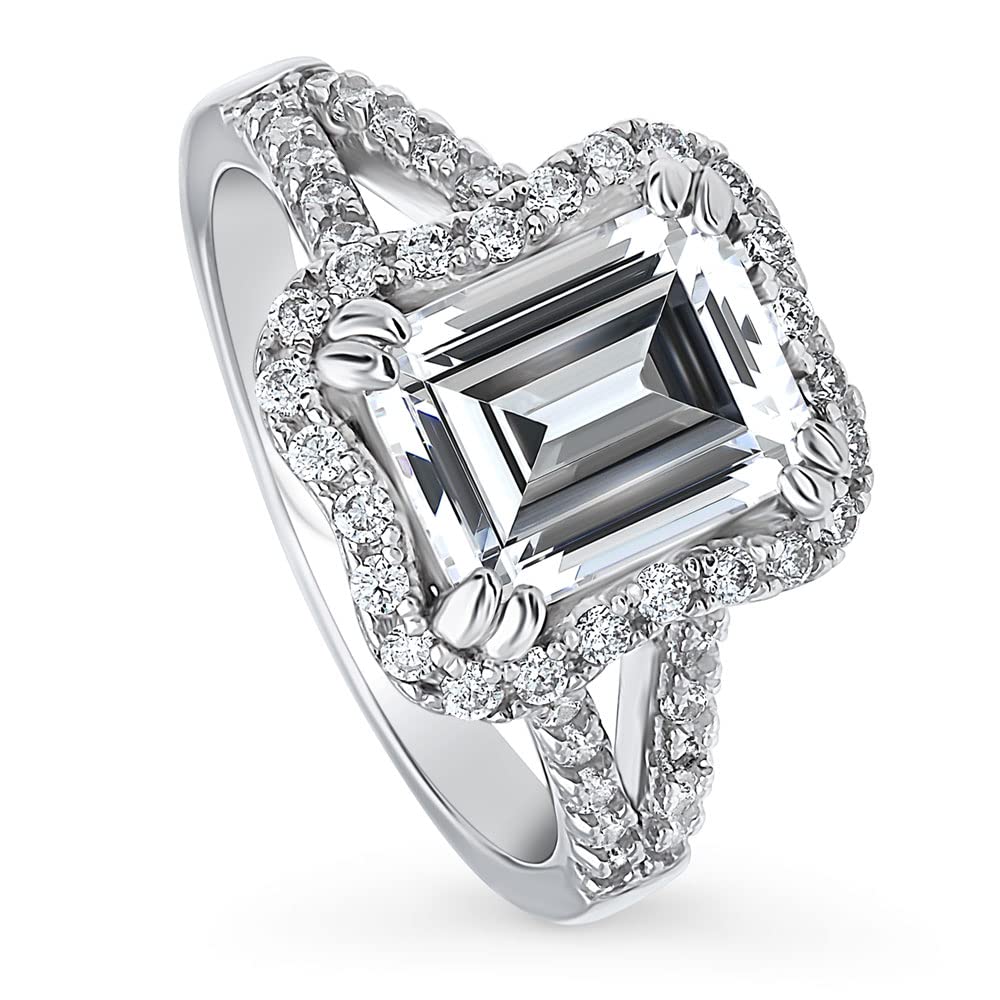 Sterling Silver Halo Wedding & Engagement Ring with Step Emerald Cut Cubic Zirconia for Women - Rhodium Plated Size 4-10 | Elegant Cocktail Ring for Anniversary, Proposal & Special Occasions