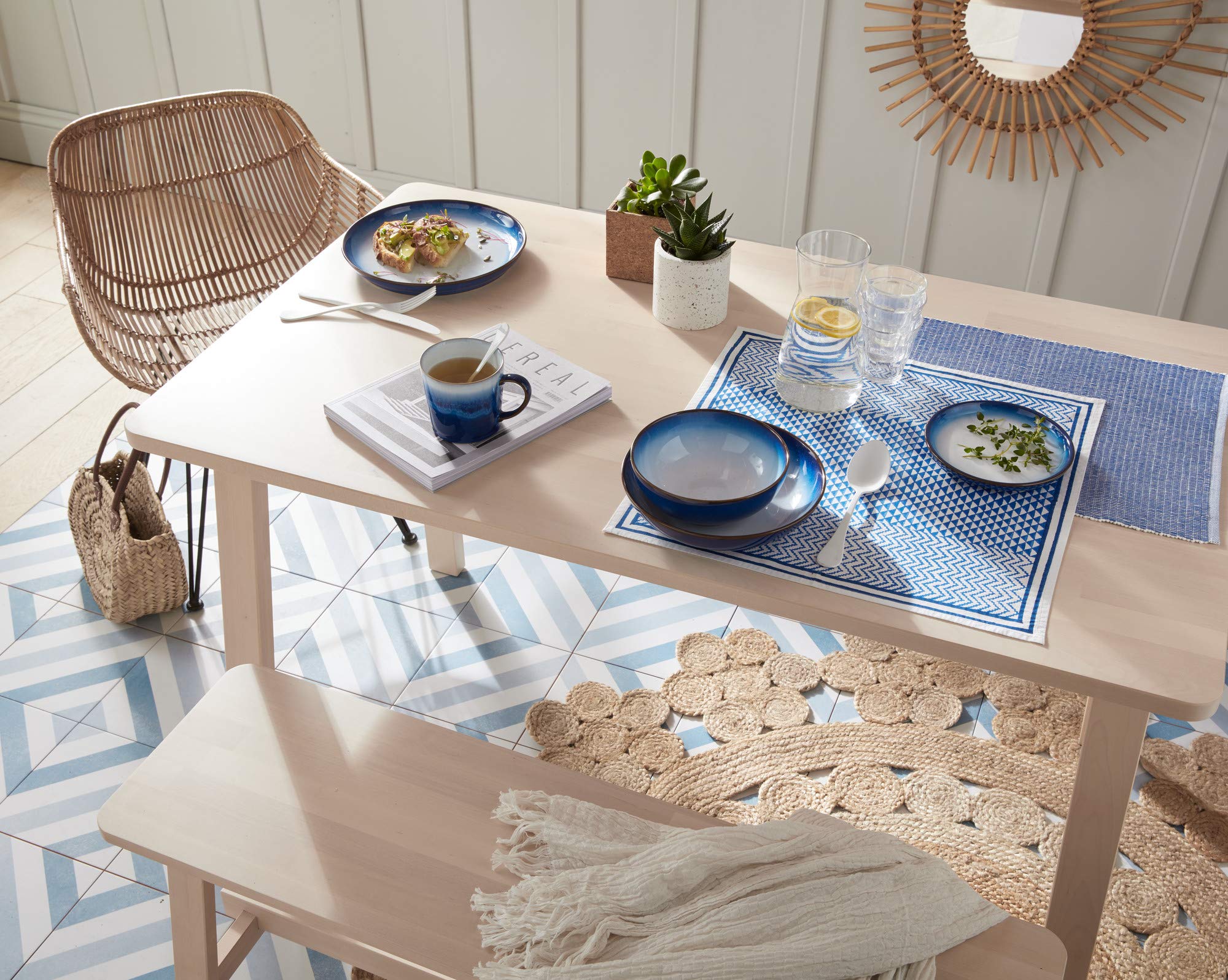 Denby Blue Haze Pasta Bowls Set of 4 - Microwave & Dishwasher Safe Ceramic Stoneware - Elegant Dinnerware for Italian Pasta, Salad, Soup - Perfect for Family Dinners & Entertaining Guests