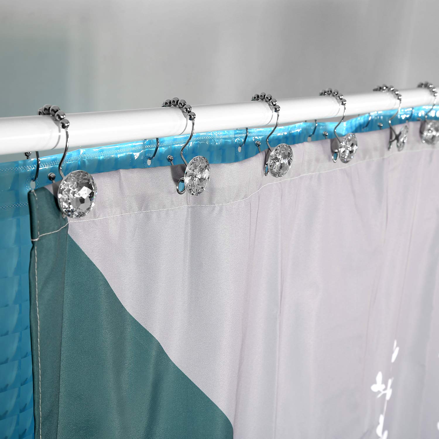 12-Pack Crystal Shower Curtain Hooks - Stainless Steel Rust-Proof Double Rings for Bathroom Decor (White) - Perfect for Showers, Bathtubs & Home Spa Setup