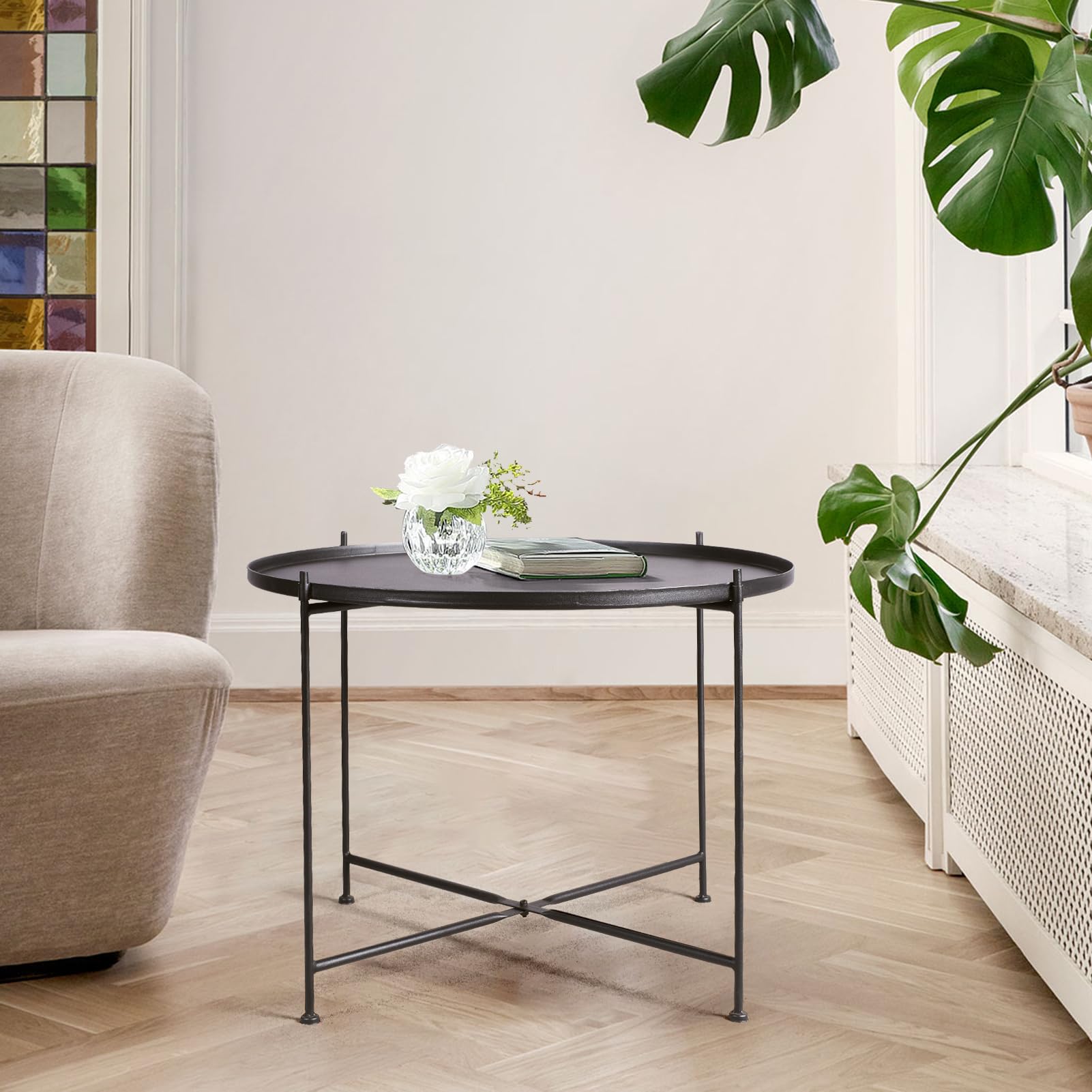Round Side Table with Tray Top - Metal Folding Accent Coffee Table - Waterproof & Rustproof for Indoor & Outdoor Use - 21.65