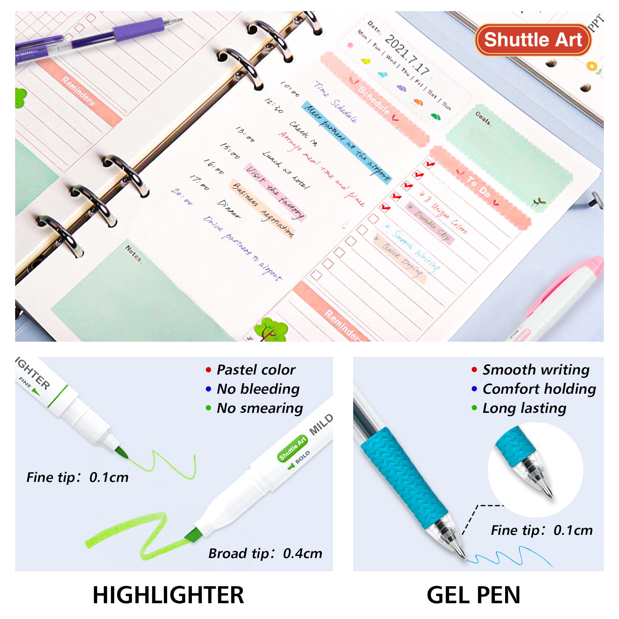 Shuttle Art 20 Pack Journaling Kit - 10 Dual Tip Highlighters & 10 Retractable Gel Pens, Vibrant Colors for Coloring, Underlining, Note Taking - Perfect for Office, Home, School & Creative Projects