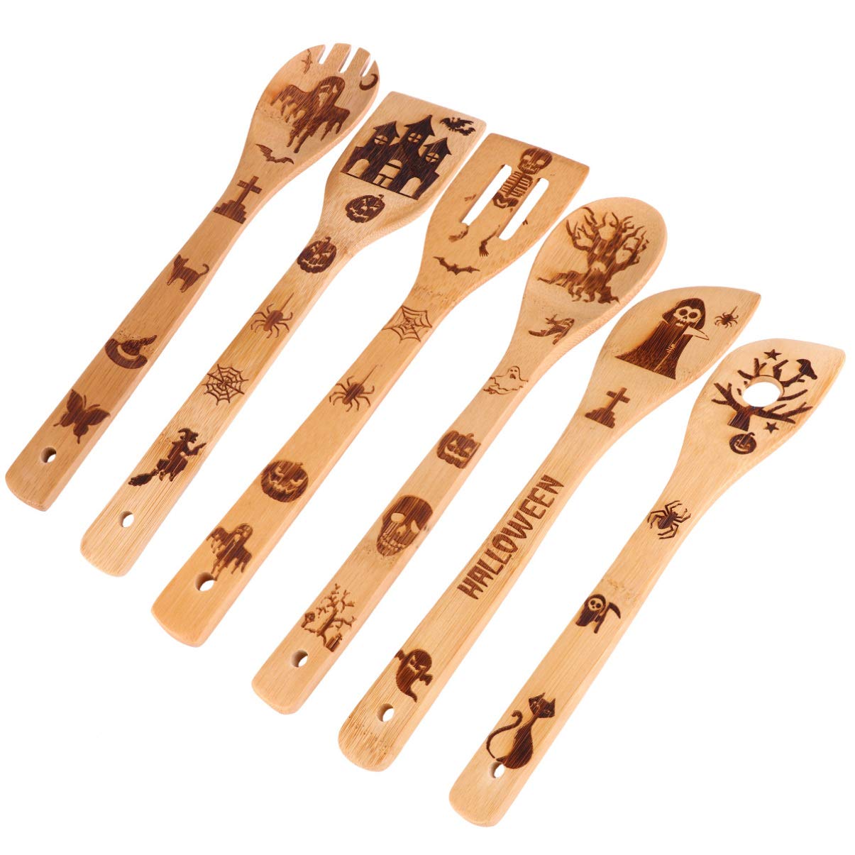 ARTIBETTER 6-Piece Halloween Wooden Spatula Set - Burned Wood Cooking Utensils with Slotted Spoon for Baking, Frying & Kitchen Decor | Perfect for Halloween Party Decorations & Home Cooking Supplies