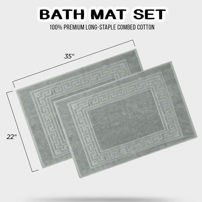 Premium Cotton 2-Piece Greek Key Border Bath Mat Set - Ultra Absorbent, Non-Slip Bathroom Rug - Perfect for Modern Bathrooms, Master Suites & Spa-Like Retreats