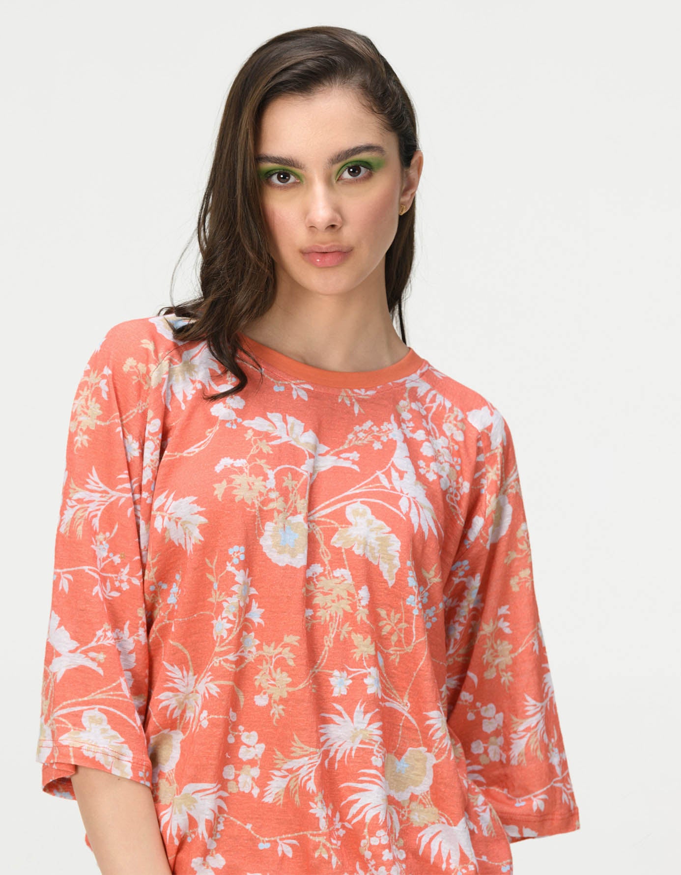Breathable Linen Jersey Coral Half Sleeve T-Shirt for Women - Perfect for Summer Outings and Casual Wear