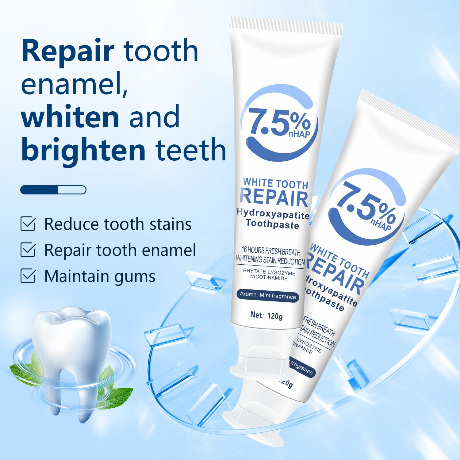 2Pcs Hydroxyapatite Toothpaste for Enamel Repair & Teeth Whitening - Fluoride-Free, Sensitive Teeth Relief, Natural Whitening Formula - Fresh Mint Flavor (120g/4.23oz Each) - Ideal for Daily Oral Care & Travel Use