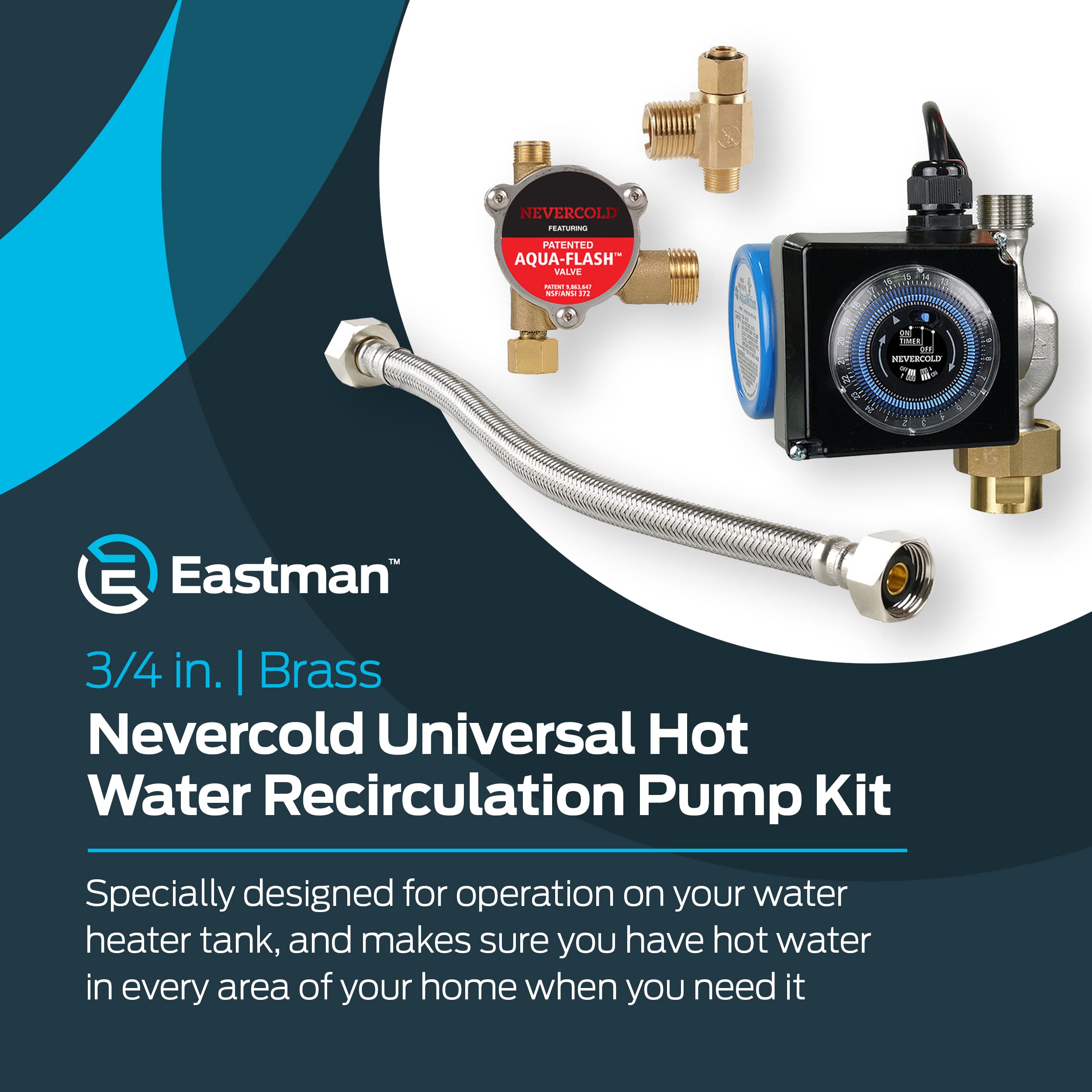 3/4 Inch Nevercold Universal Hot Water Recirculation Pump Kit - Brass Construction 70600 - Instant Hot Water for Showers, Sinks & Appliances