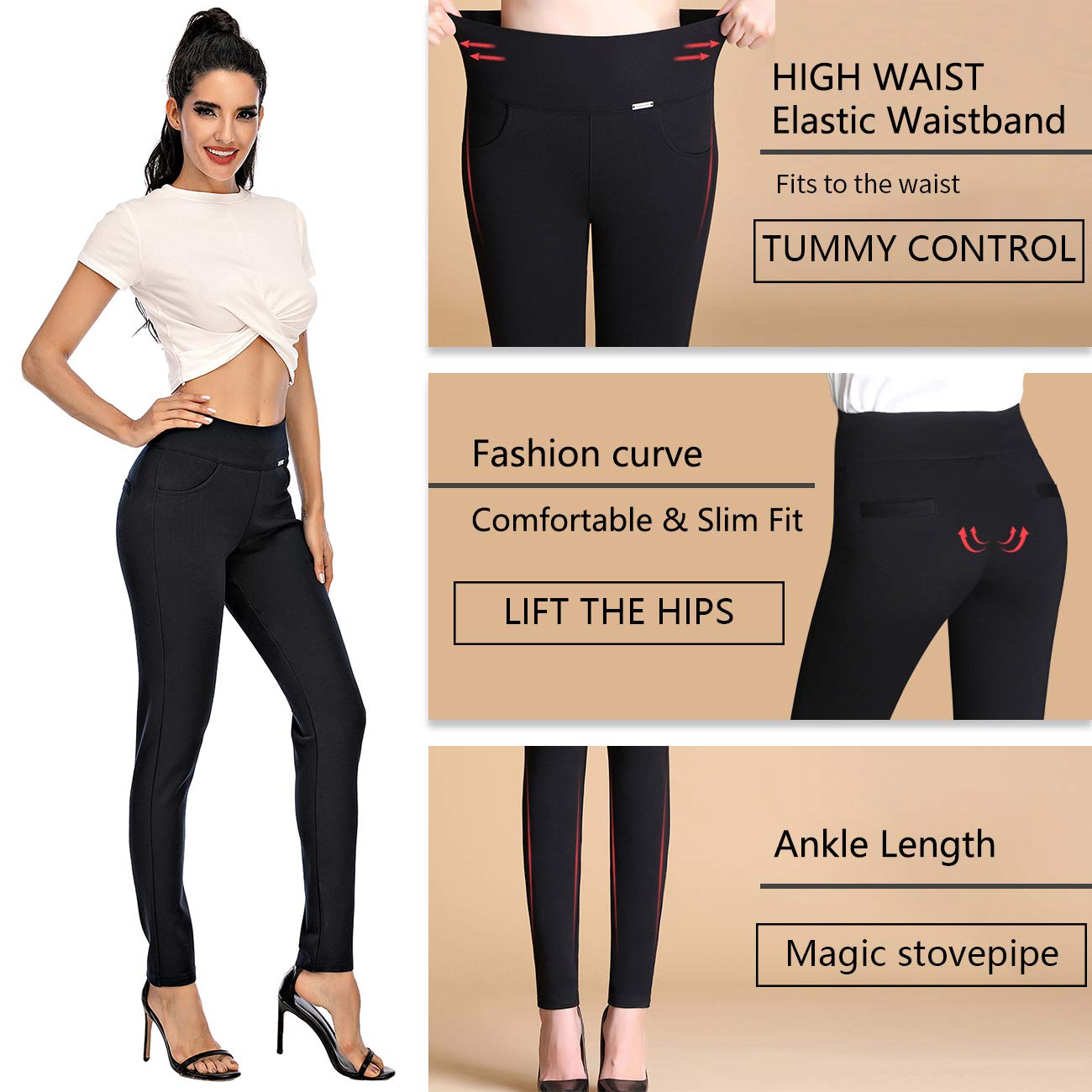Neezeelee Women's Stretch Slim Fit High Waist Skinny Dress Pants with Pockets - Comfortable Pull On Work Pants for Office, Business & Professional Occasions