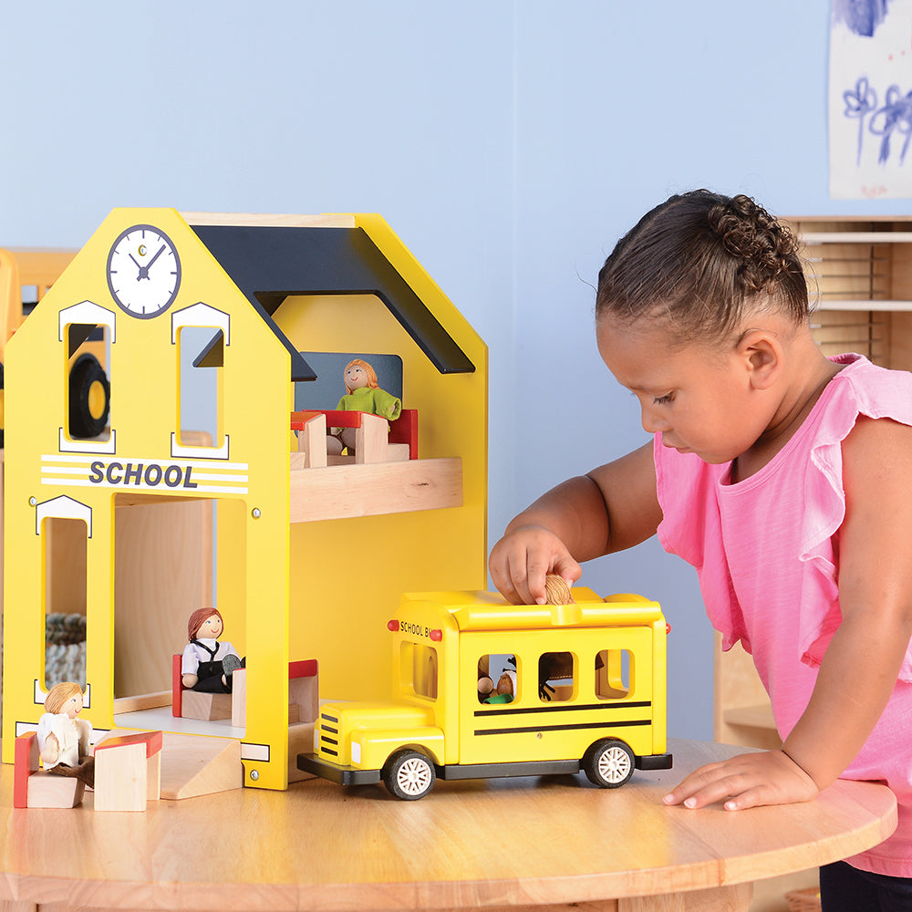Let's Play School Wooden Playset - Wooden Schoolhouse with Chalkboard, School Bus, Teacher Figure & 4 Student Desks | Pretend Play Classroom Set for Kids Learning & Role Playing Games