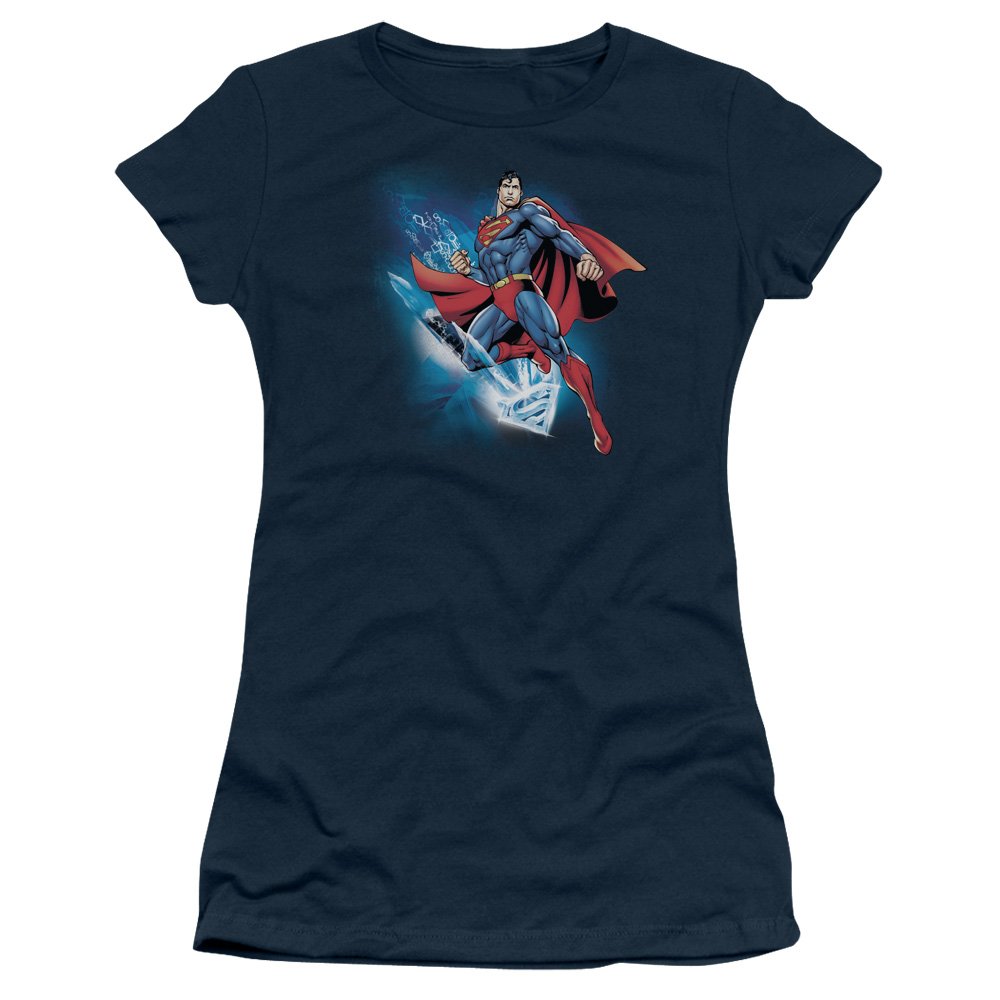 Superman Crystallize Juniors' Sheer Fitted T-Shirt - Officially Licensed DC Comics Graphic Tee for Girls & Teens - Perfect for Cosplay, Comic Con & Superhero Themed Parties