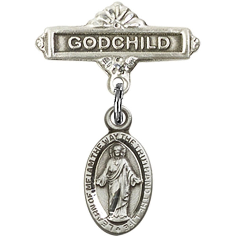Sterling Silver Baby Badge with Scapular Charm & Godchild Pin - 7/8