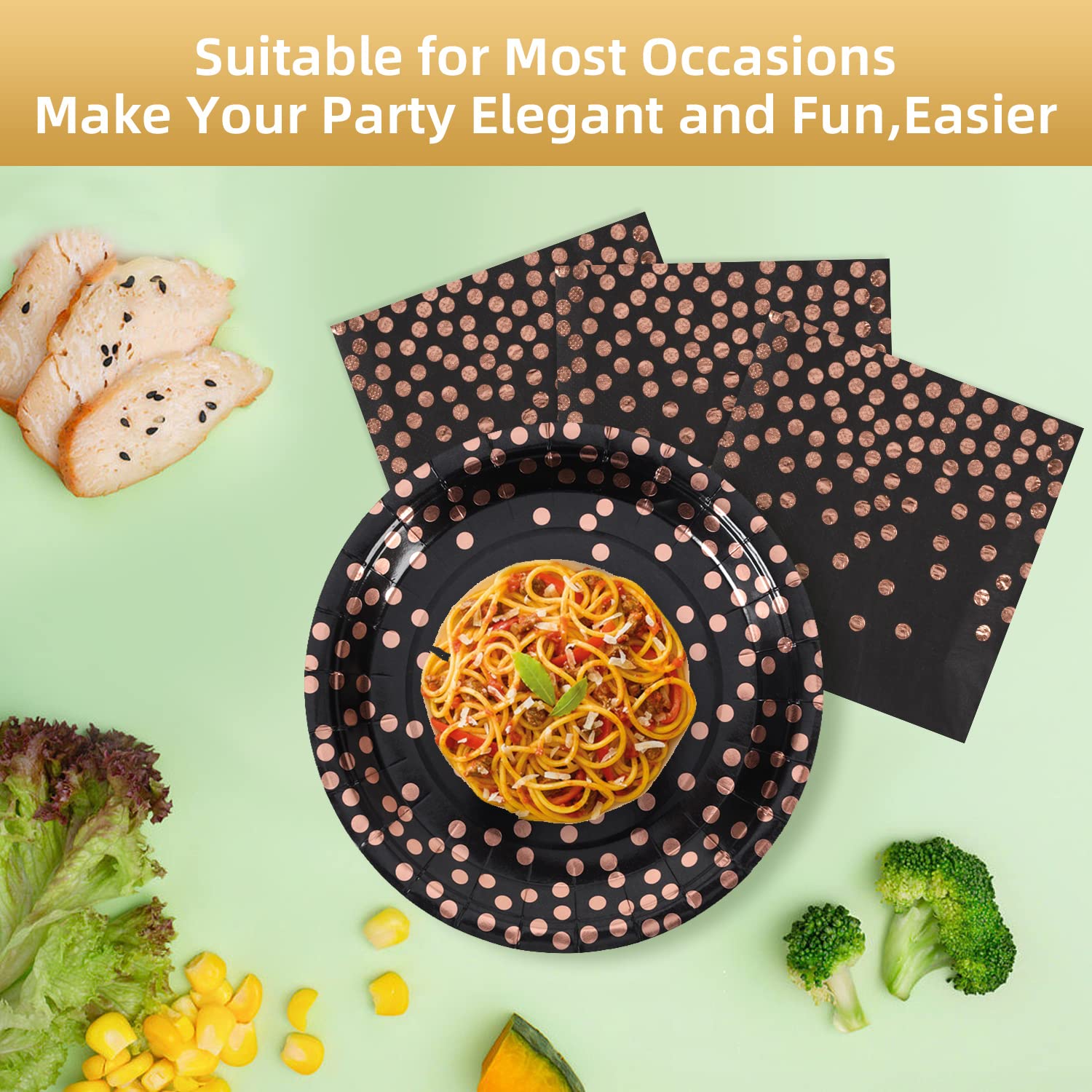 Premium Black & Rose Gold Paper Plates 100 Pack - 50 x 9 Inch Dinner Plates & 50 x 6.5 Inch Napkins - Elegant Disposable Party Tableware for Birthday, Wedding, Baby Shower & Special Events