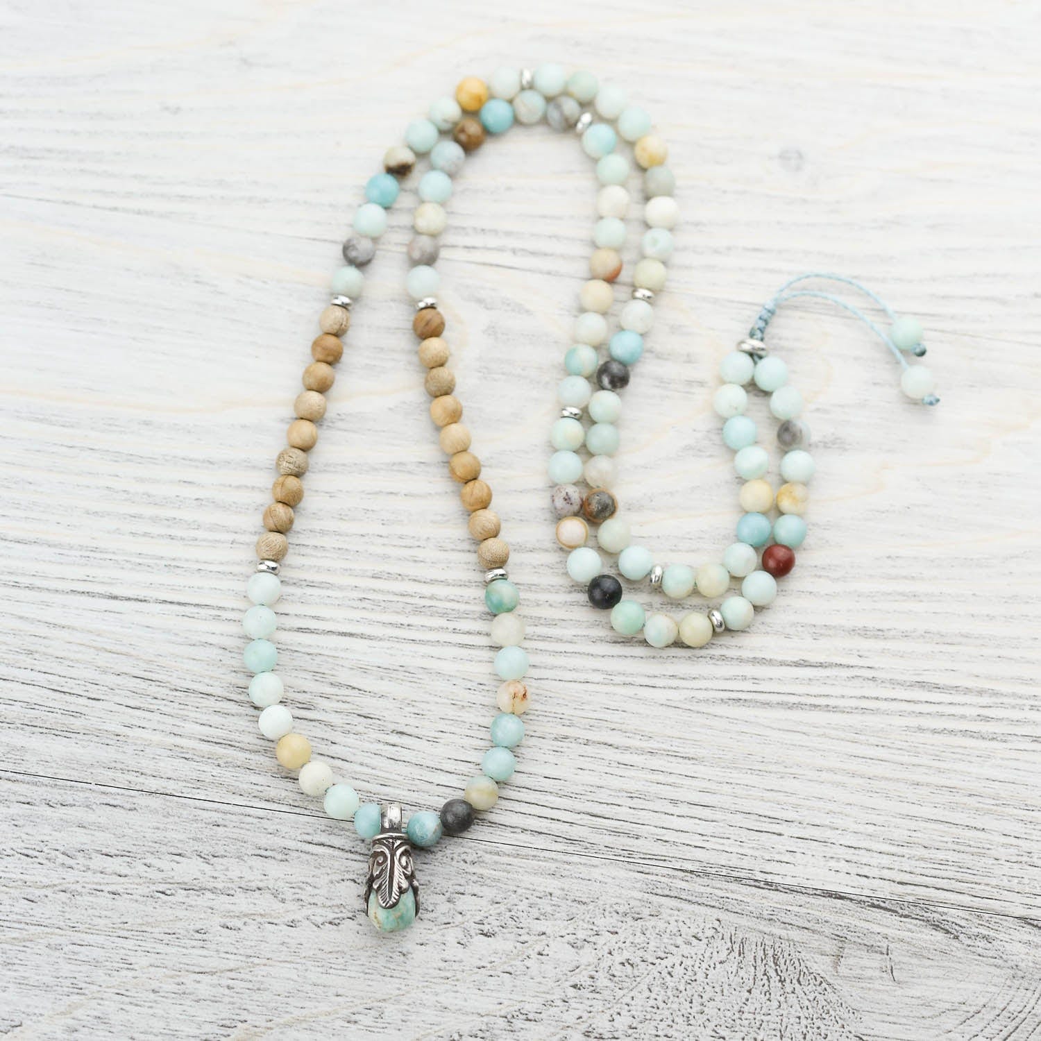 Amazonite & Sandalwood Meditation Mala Beads - 108 Prayer Beads for Yoga, Mindfulness and Spiritual Healing | Perfect for Meditation, Stress Relief and Positive Energy