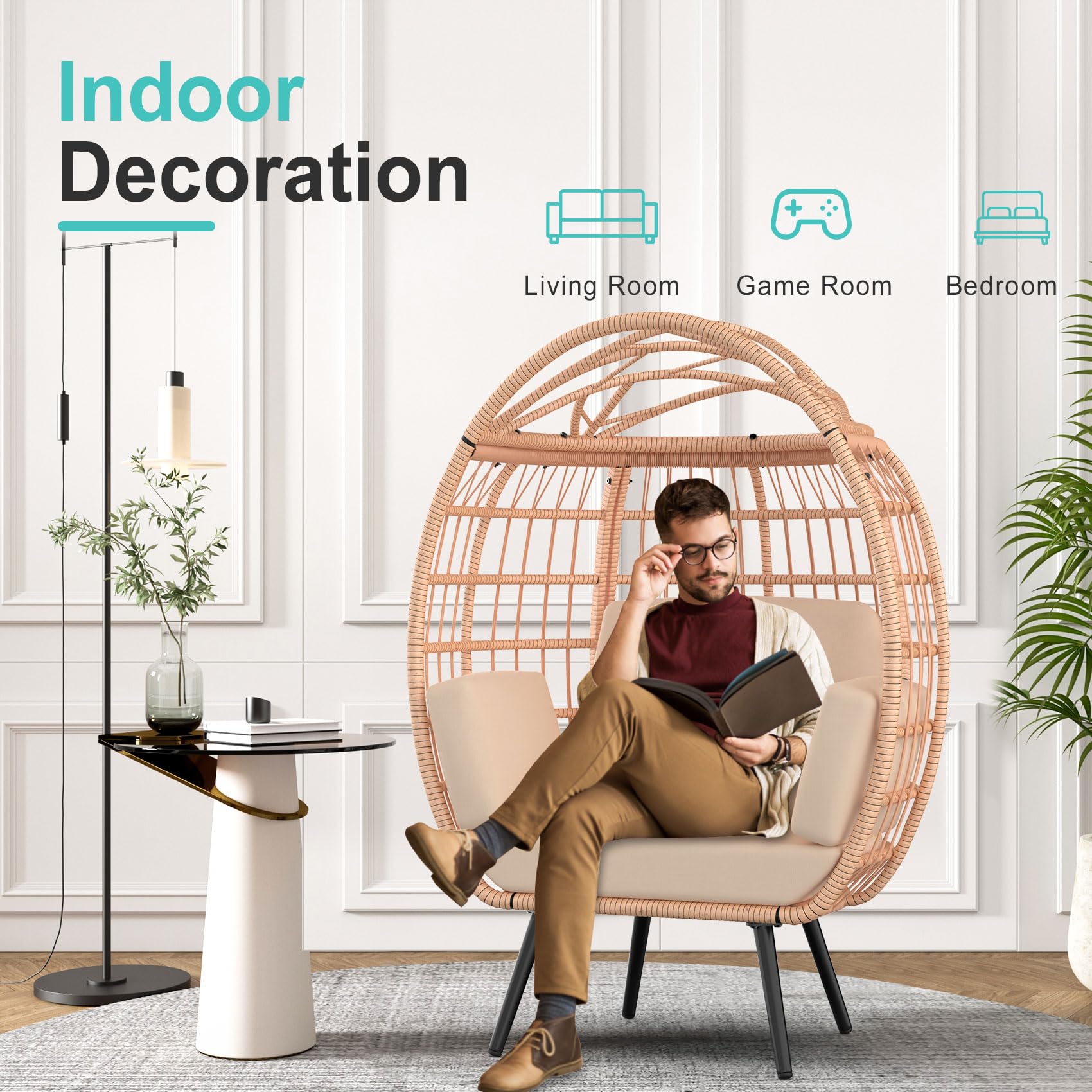 ZENPETIO Oversized Egg Chair - Indoor Outdoor Lounger with 4 UV Resistant Cushions & Storage Bag, All-Weather Wicker Hanging Egg Chair for Patio, Backyard, Living Room - 370lbs Weight Capacity (Brown) | Perfect for Relaxing, Reading & Sunbathing in Your Garden or Balcony