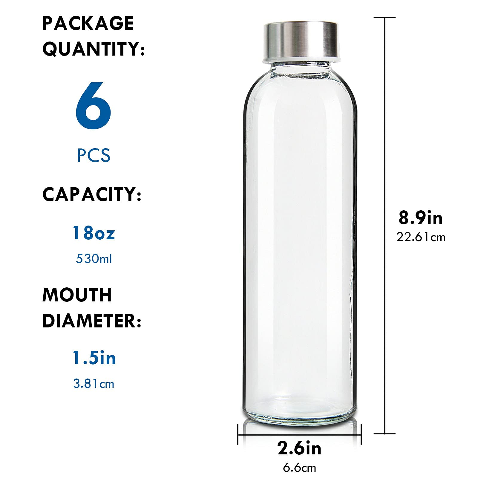 YEBODA 18oz Glass Water Bottles with Stainless Steel Lids & Colorful Nylon Sleeves - 6-Pack for Juice, Smoothies, Tea, and On-the-Go Hydration at Gym, Office, or Outdoor Activities