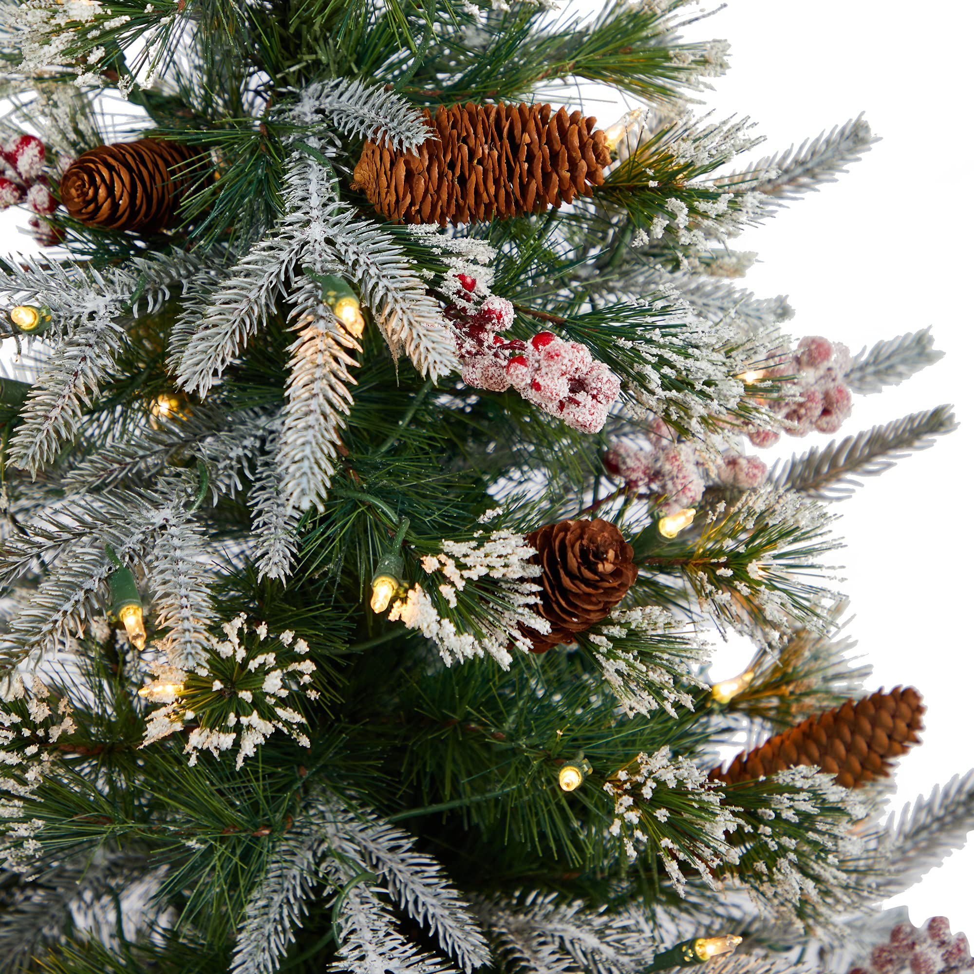 Nearly Natural 4ft Pre-Lit Frosted Artificial Christmas Tree with 105 Warm White LED Lights & Berries in Decorative Planter - Perfect for Home, Office, and Holiday Decorations
