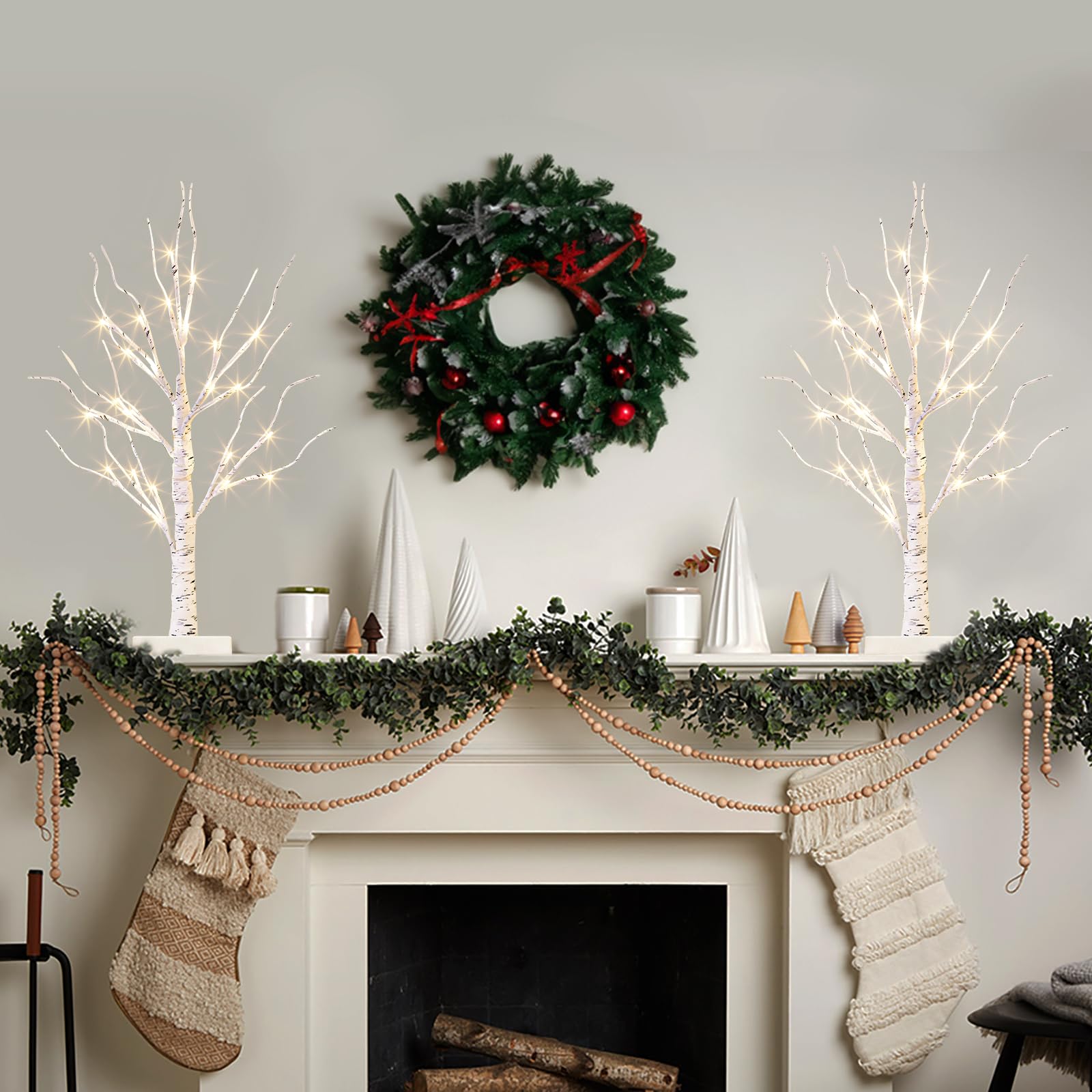 Vanthylit White Birch Tree with LED Lights - Set of 2, 24 LED Tabletop Christmas Tree with Timer, Indoor Holiday Decor for Mantel, Living Room, Office, and Party Decorations (2 FT) - Perfect for Festive Home Decor, Winter Weddings, and Cozy Seasonal Ambiance