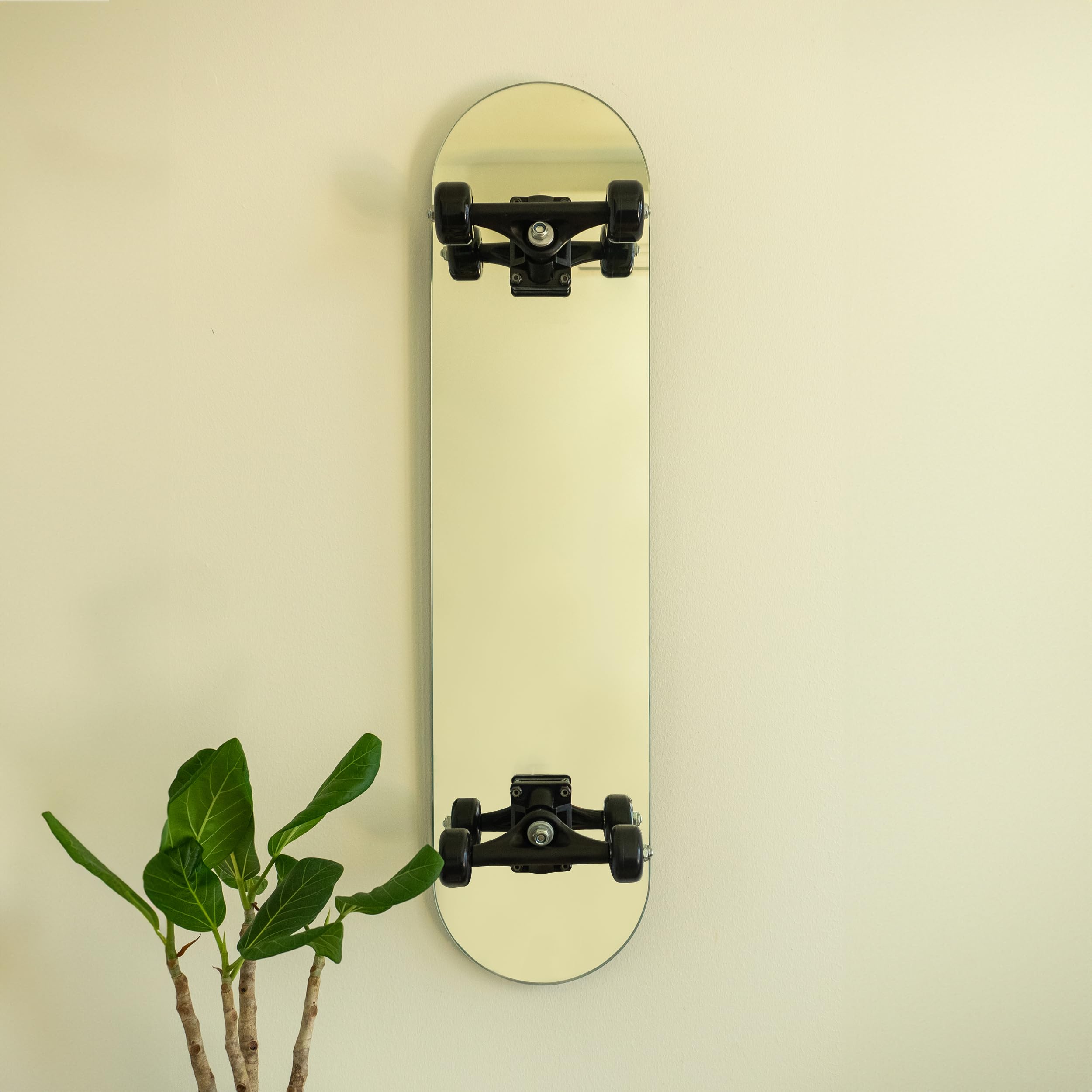 Skateboard Wall Mirror - Stainless Steel with Real Trucks & Wheels - Silver Tree Bar Design for Bedroom, Living Room & Skate Shop Decor