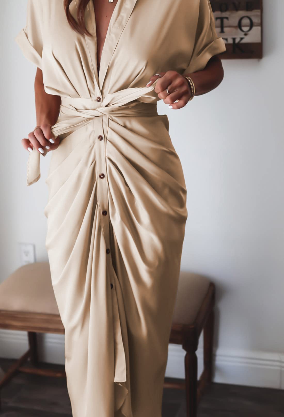 Linsery Women's Elegant Wrap Maxi Dress with Belt - Button Down Ruched Shirt Dress for Casual & Formal Occasions | Perfect for Office, Party & Wedding Events