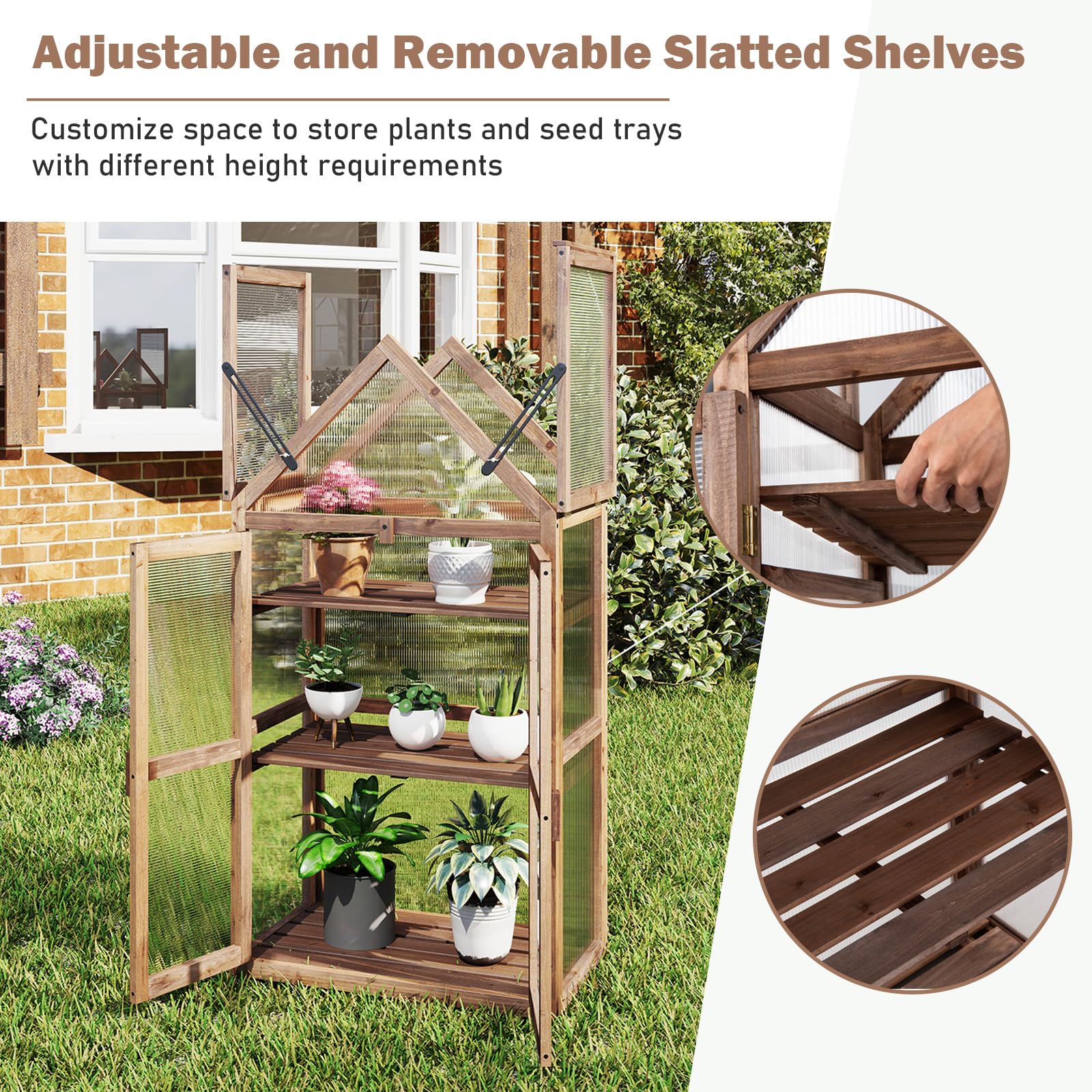 Happygrill Cold Frame - Mini Wooden Greenhouse with Transparent Openable Roof, Raised Flower Planter Shelf & 3 Adjustable Shelves, Polycarbonate Panels - Indoor/Outdoor Small Wood Greenhouse Cabinet for Gardening, Seed Starting & Plant Protection