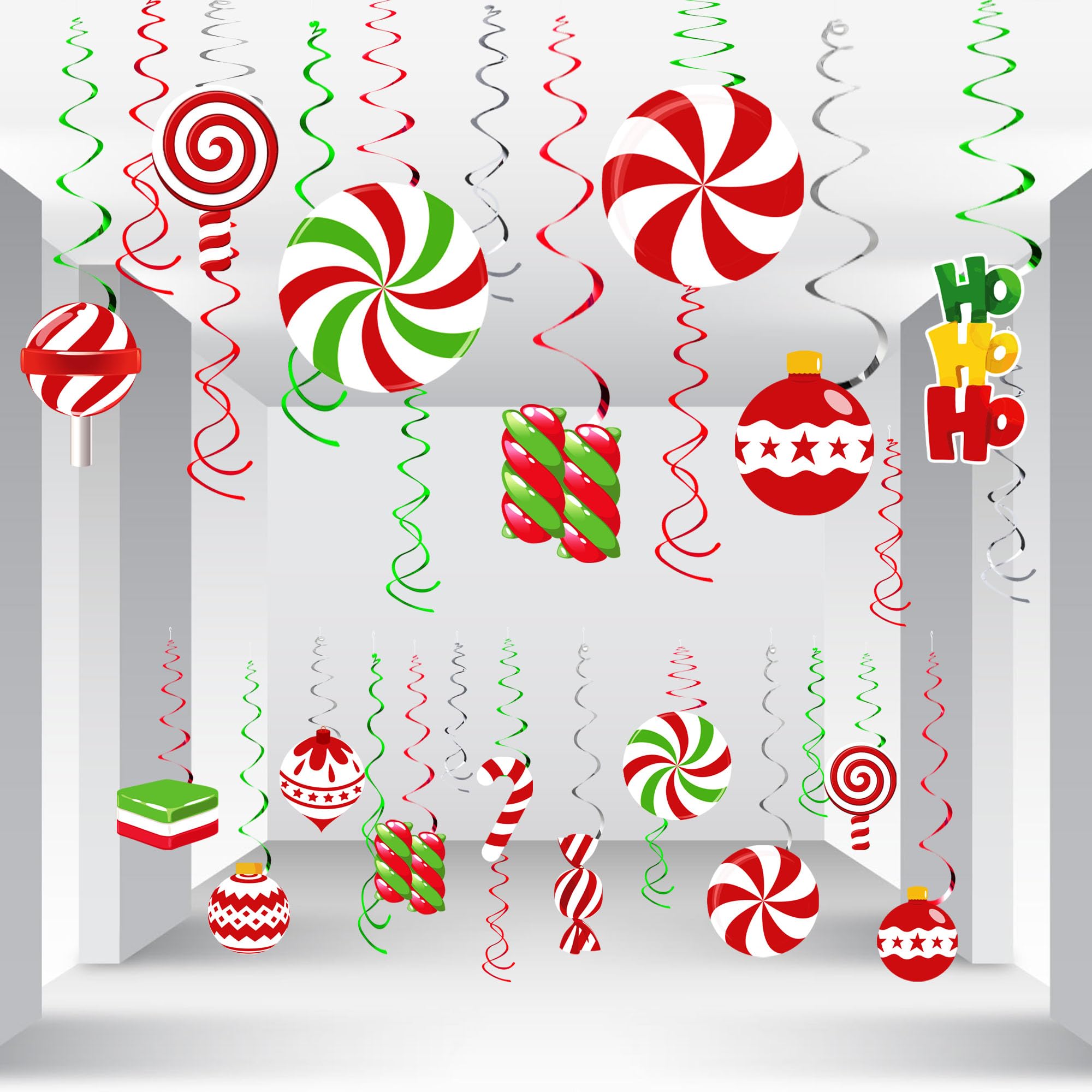 57pcs Christmas Candy Hanging Swirl Decorations - Xmas Party Ceiling Hanging Streamers, Peppermint Candy Cutouts Ornaments for Holiday Party, Classroom & Home Decor - Perfect for Christmas Tree, Gift Wrapping & Festive Celebrations