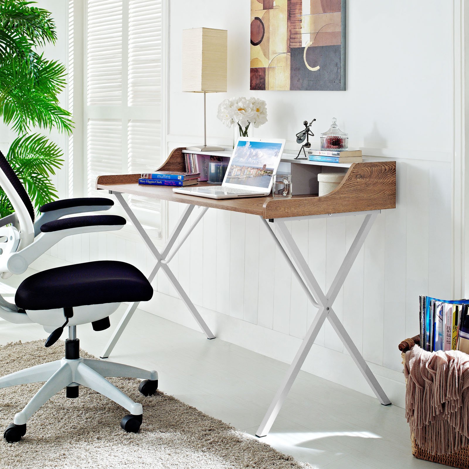 Modway Walnut Bin Desk - Stylish Home Office Desk with Storage Bins for Small Spaces, Dorm Rooms & Workspaces