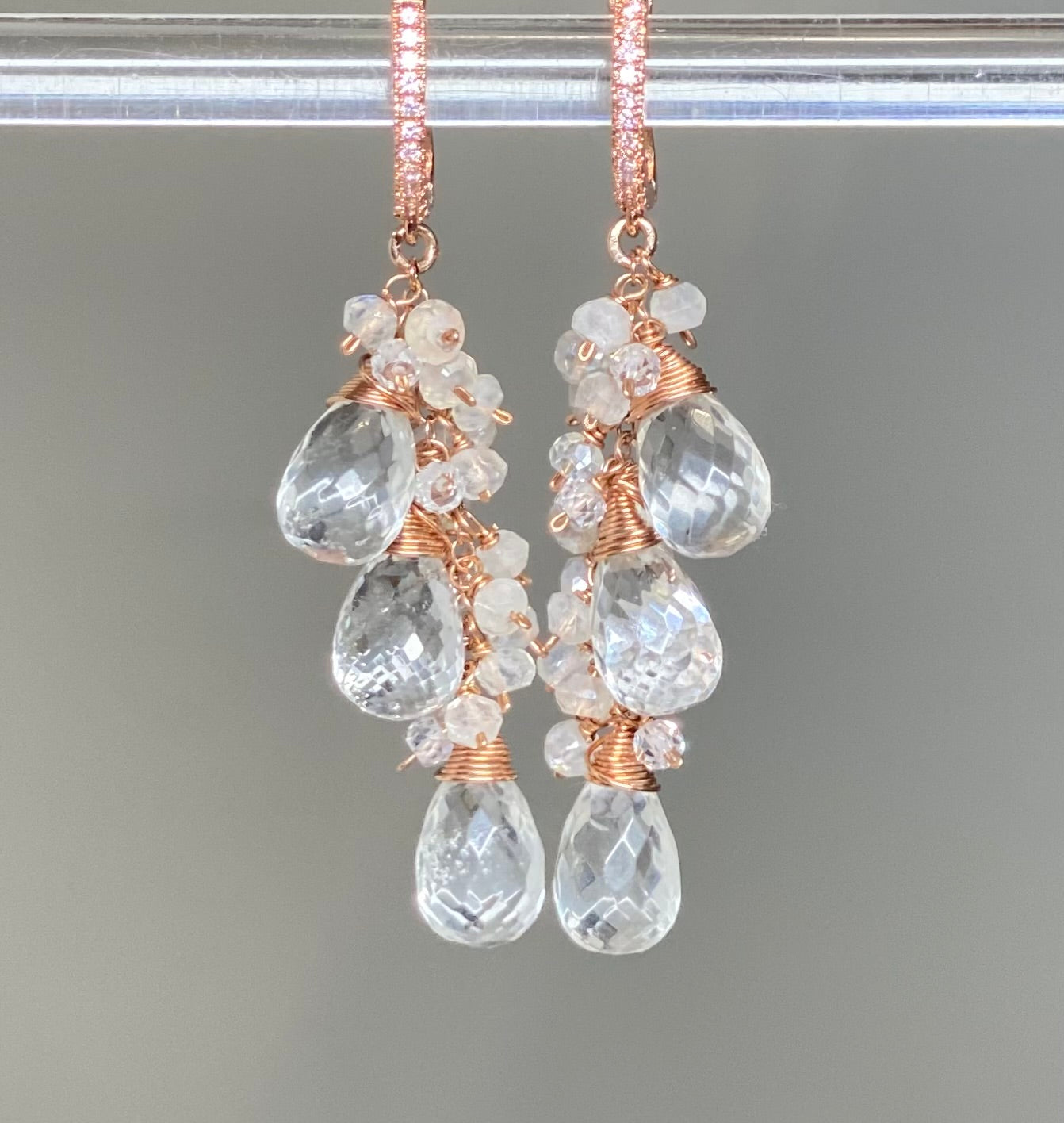 Rose Gold Crystal Quartz Bridal Earrings for Wedding – Elegant Jewelry for Brides, Bridesmaids, and Special Occasions