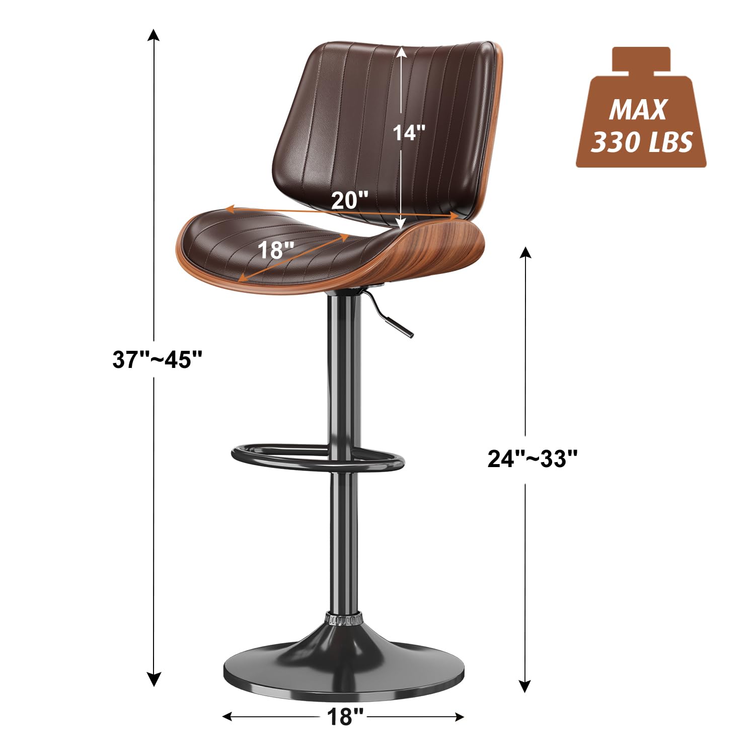 Adjustable Swivel Bar Stool with Backrest & Footrest - Modern PU Leather Upholstered Bentwood Bar Chair for Kitchen Island, Counter, Dining Room & Home Bar - Comfortable Seating for Entertaining, Breakfast Nook & Casual Dining (Brown)