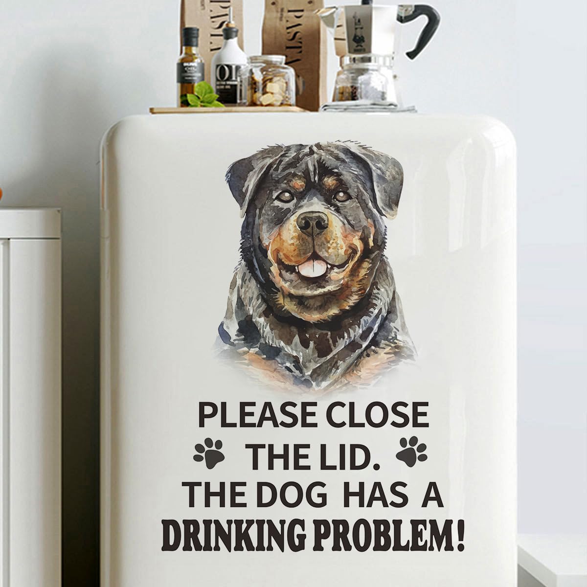 Funny Rottweiler Dog Toilet Seat Cover Decal - 'Please Close The Lid, The Dog Has Drinking Problems' - Humorous Bathroom Decor Vinyl Sticker - Waterproof & Removable - Perfect for Home, Apartment & Office Washrooms