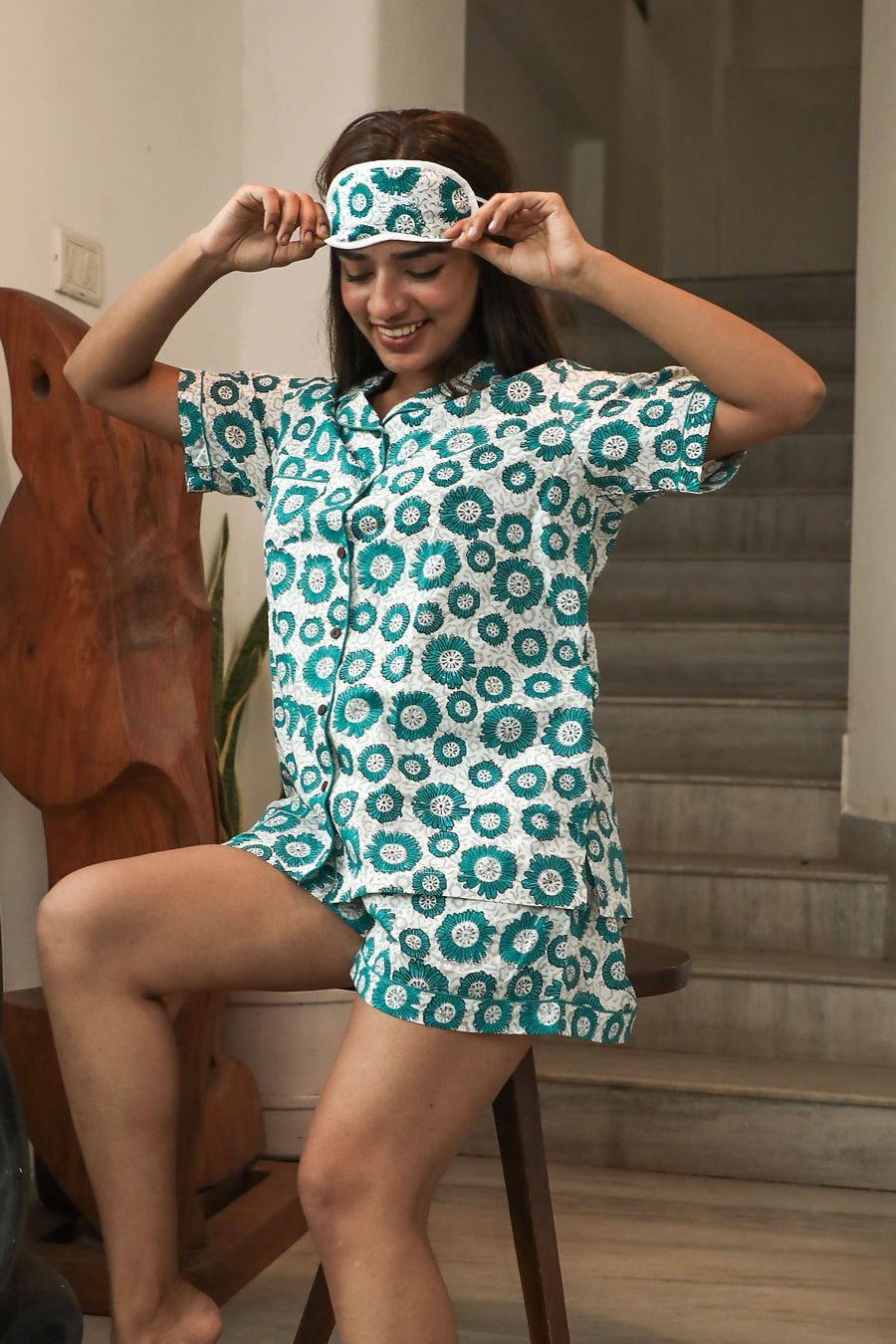 Azofree Handblock Printed Pure Cotton Night Suit - Green Bouquet Design by Sootisyahi | Comfortable Sleepwear for Women, Perfect for Lounging & Bedtime