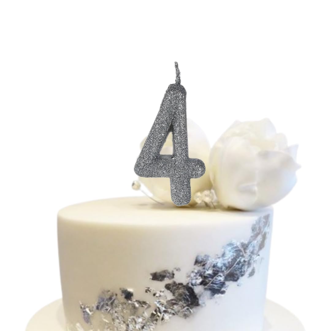 Glitter Silver Number 4 Candle - Birthday Cake Topper & Party Decoration for Kids, Adults, Anniversary Celebrations (Perfect for Cakes, Cupcakes & Dessert Tables)