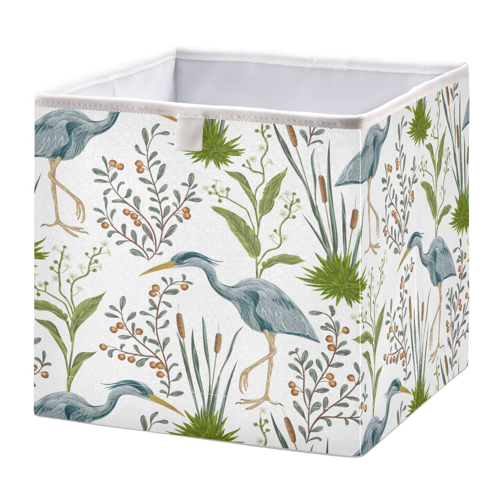 DOMIKING Foldable Fabric Storage Bins with Sturdy Handle - 11 Inch Heron Bird Pattern Closet Organizer Baskets for Bedroom, Shelves & Cubes | Perfect for Home Organization, Laundry & Toy Storage