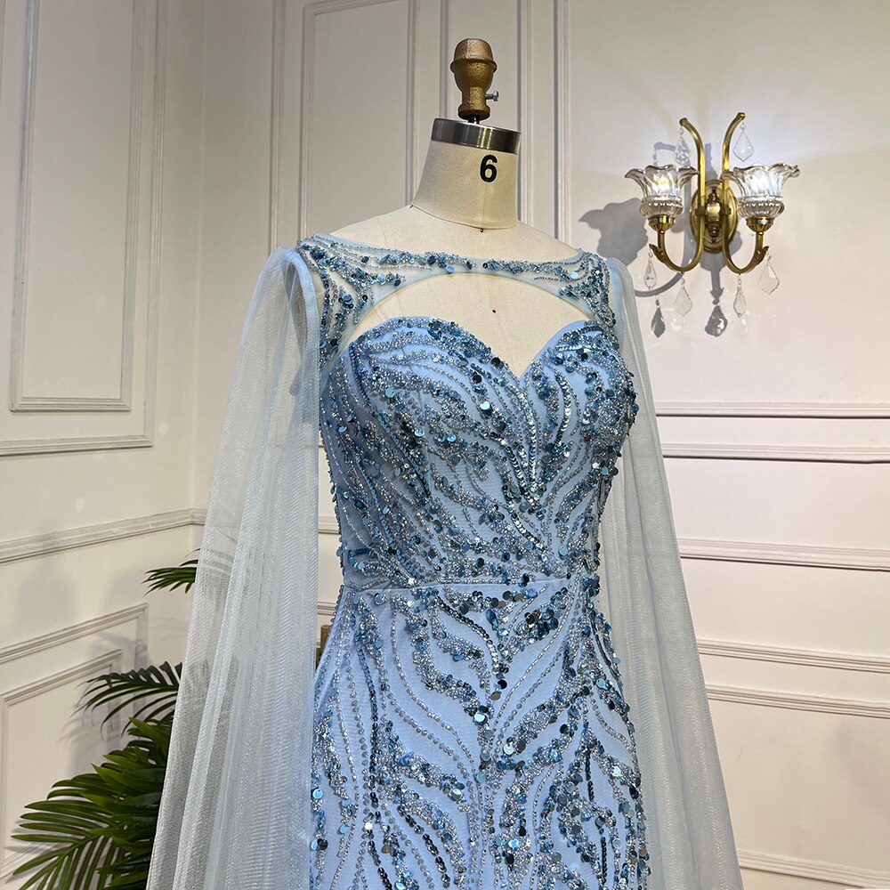 Elegant Blue Mermaid Evening Dress with Cape Sleeves & High Slit - Luxury Beaded Gown for Women 2025 | Perfect for Prom, Gala & Formal Parties