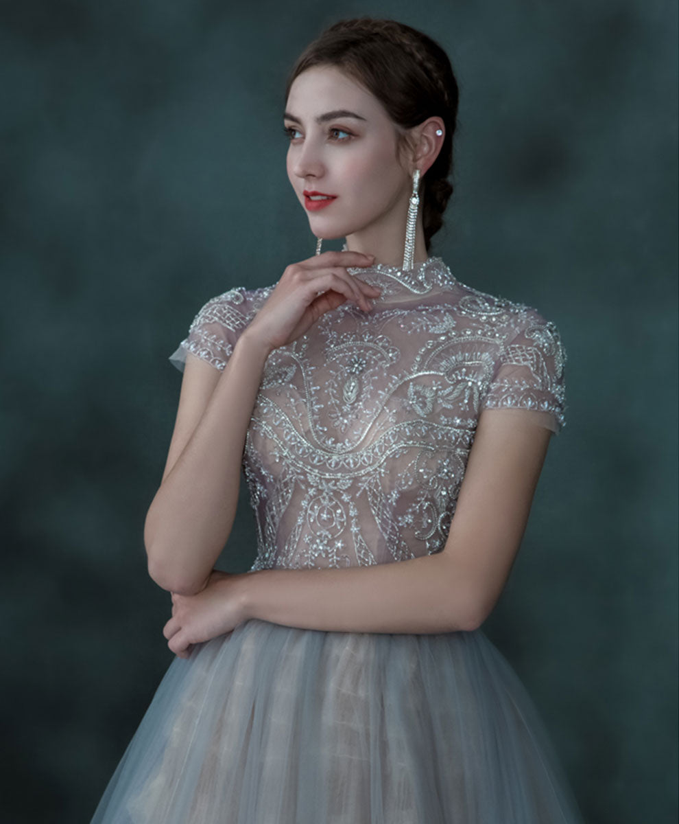 Elegant Blue Tulle Sequin Beaded Long Prom Dress - A-Line Evening Gown for Formal Events, Homecoming, and Special Occasions