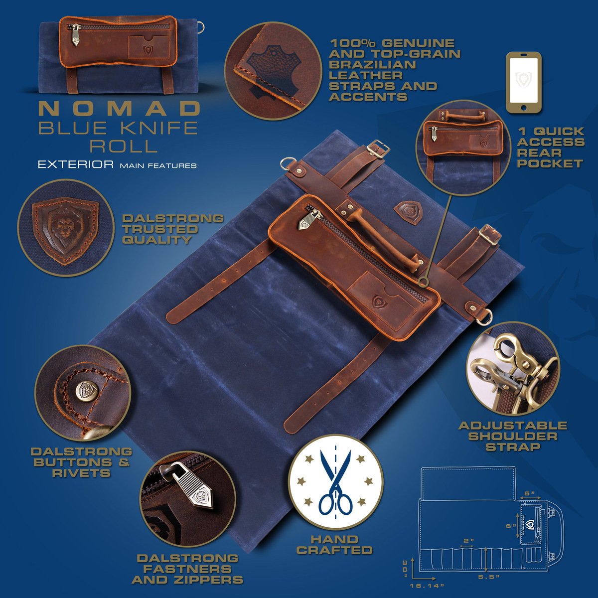 12oz Heavy Duty Canvas & Leather Knife Roll - Blue | Dalstrong Professional Chef Knife Storage | Perfect for Travel, Camping & Kitchen Organization